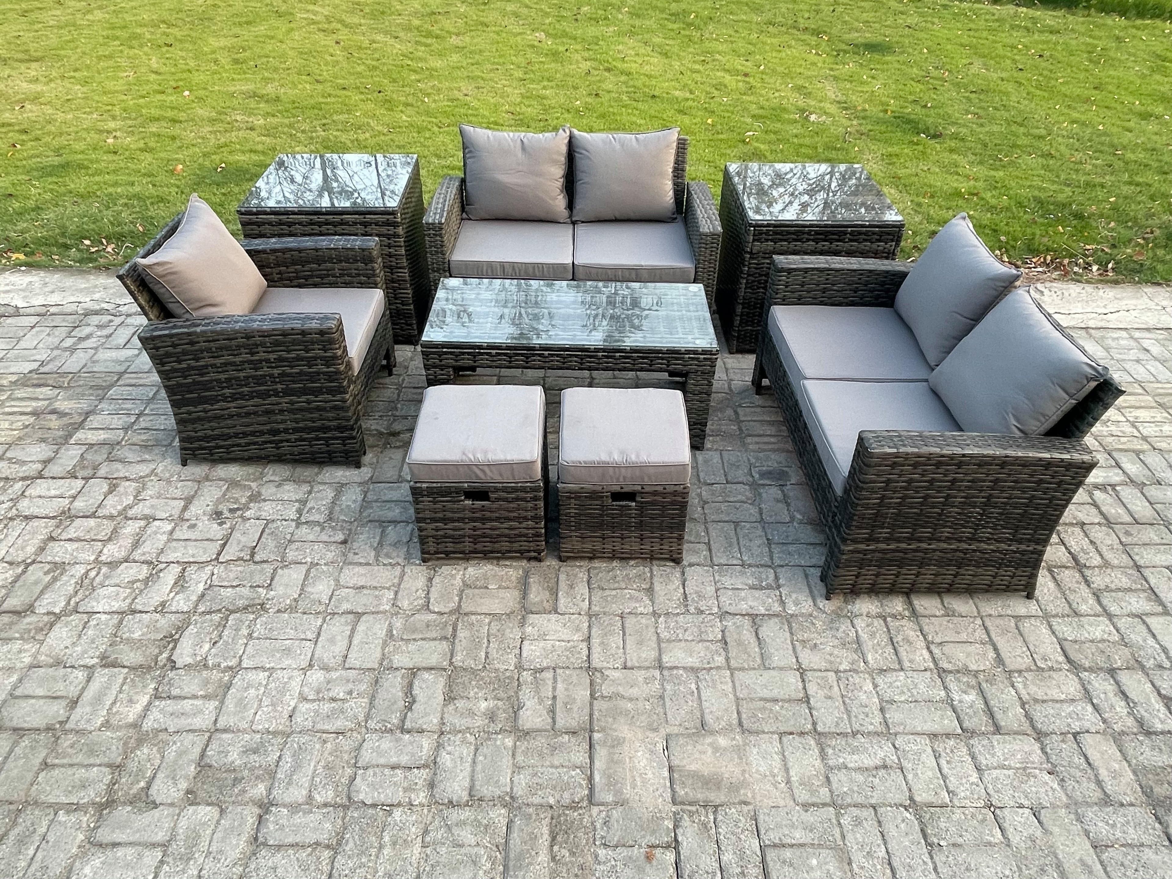 7 Seater Outdoor Rattan Patio Furniture Set Garden Lounge Sofa Set 2 Side Tables 2 Small Footstools Coffee Table Dark Grey Mixed