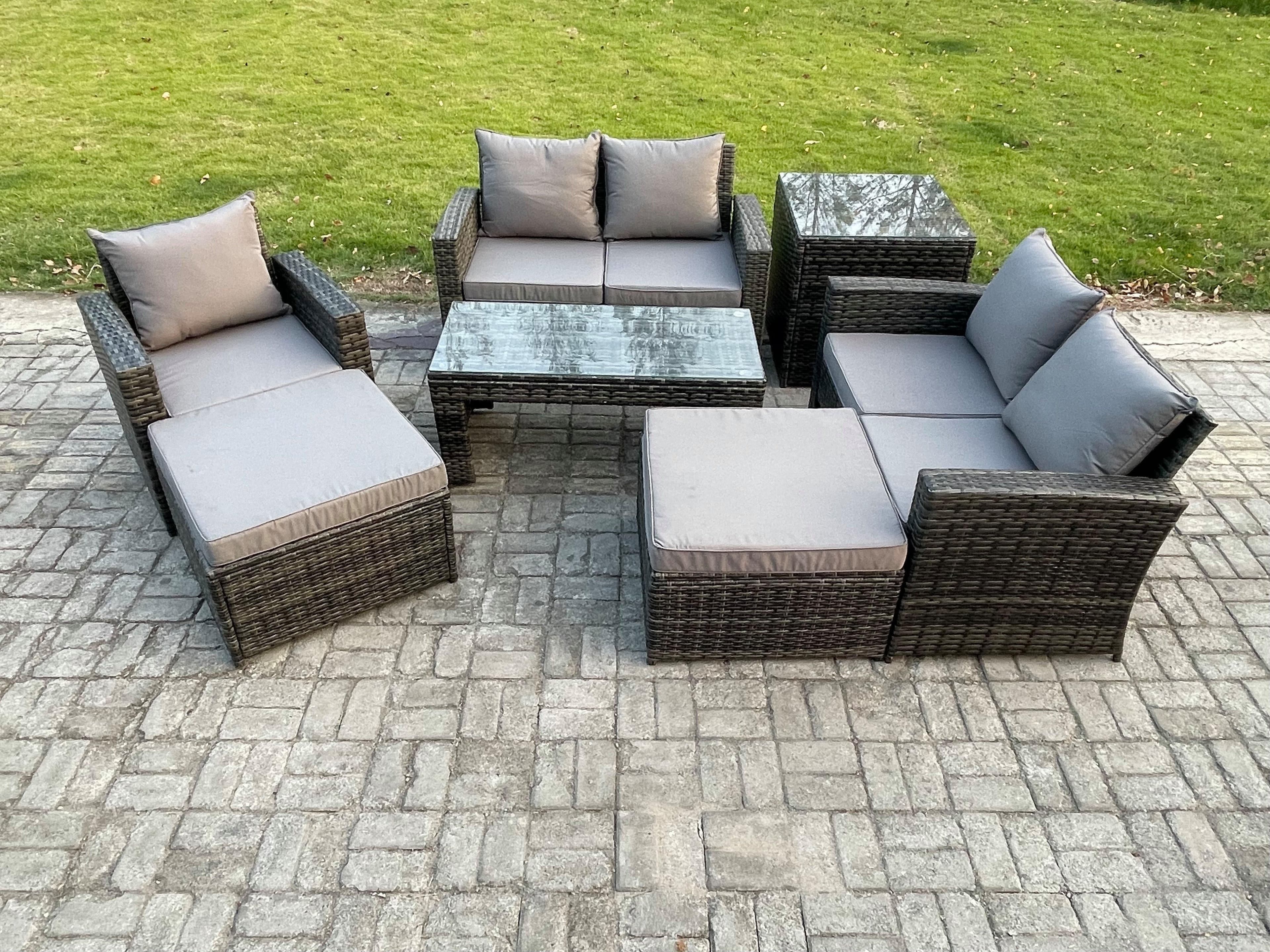 7 Seater Outdoor Rattan Patio Furniture Set Garden Lounge Sofa Set Side Table 2 Big Footstool Coffee Table Dark Grey Mixed