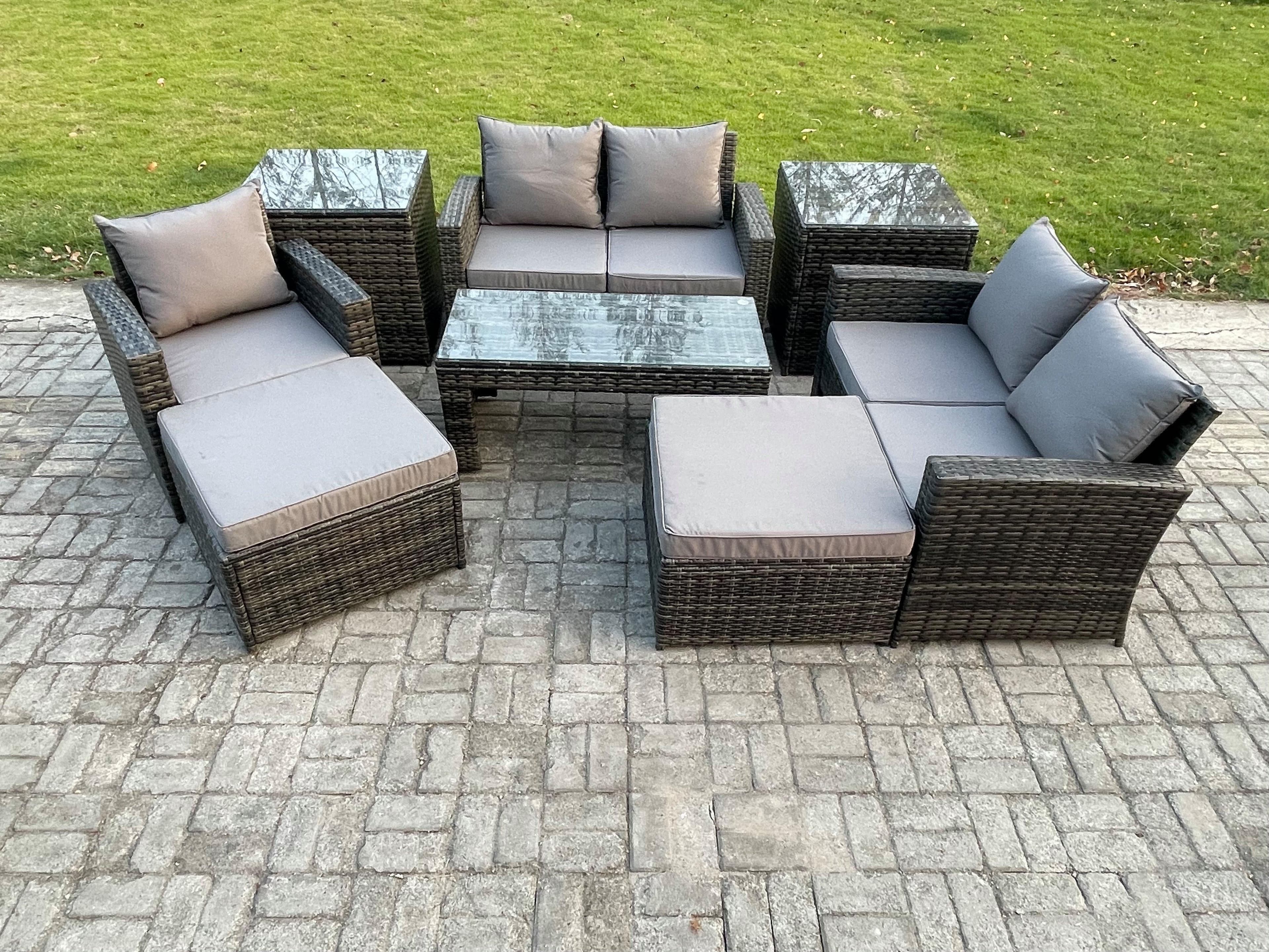 7 Seater Outdoor Rattan Patio Furniture Set Garden Lounge Sofa Set 2 Side Tables 2 Big Footstool Coffee Table Dark Grey Mixed
