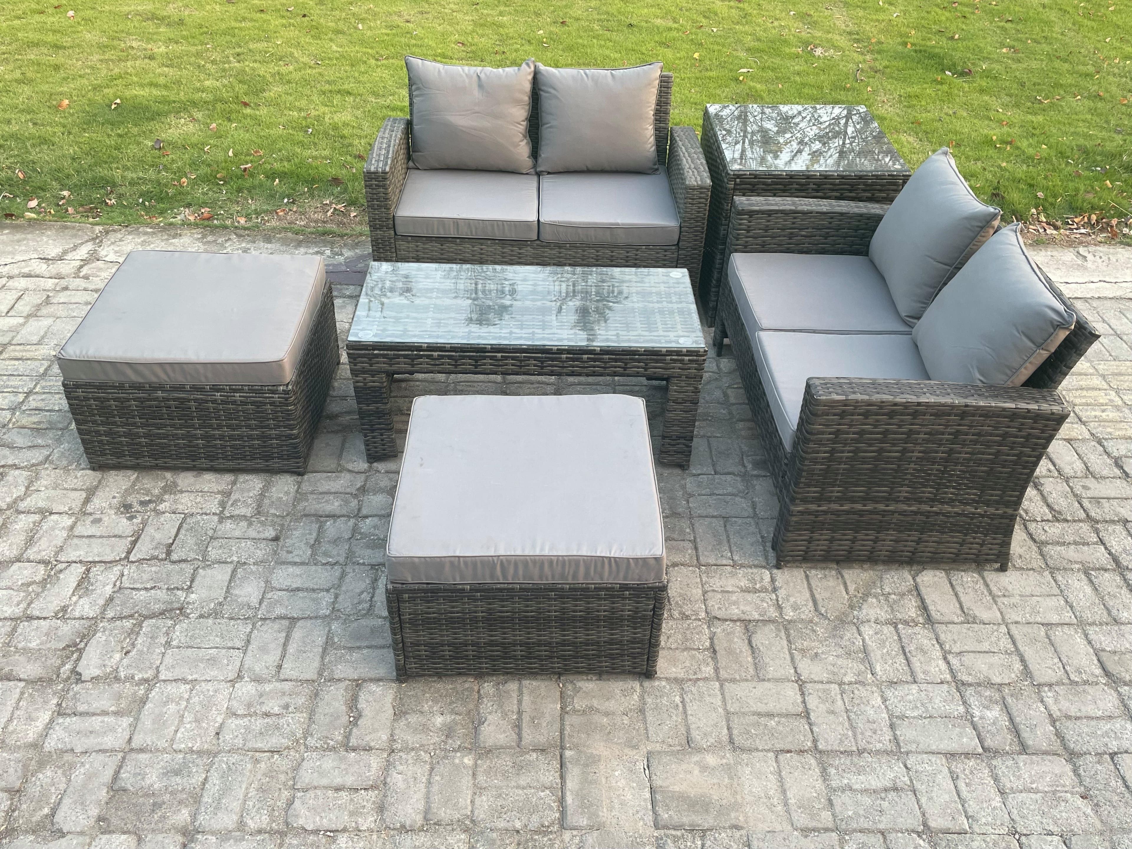 High Back Rattan Garden Furniture Sofa Sets Rectangular Coffee Table Side Table 2 Big Footstool Dark Grey Mixed