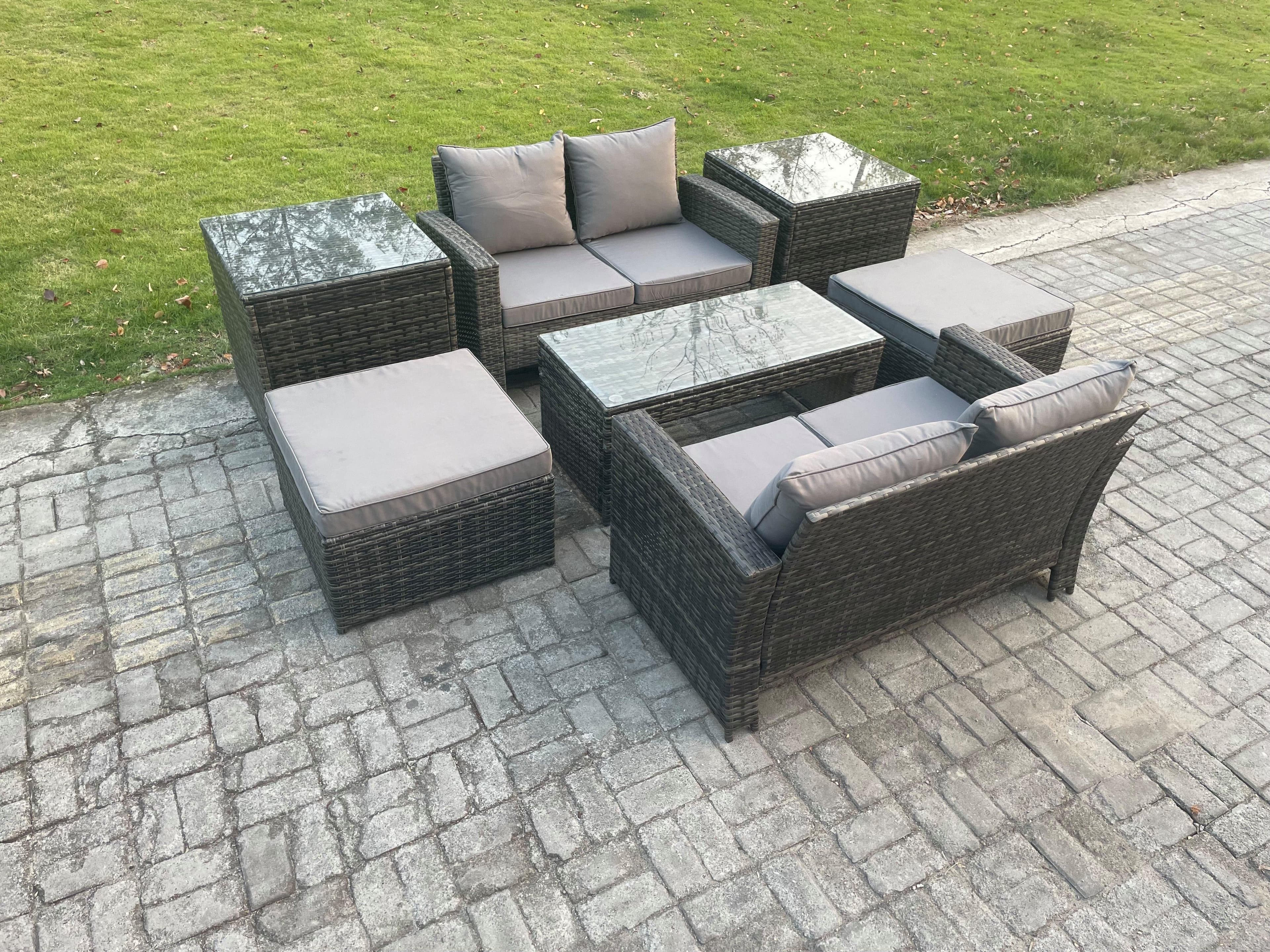 High Back Rattan Garden Furniture Sofa Sets Rectangular Coffee Table 2 Side Tables 2 Big Footstool Dark Grey Mixed