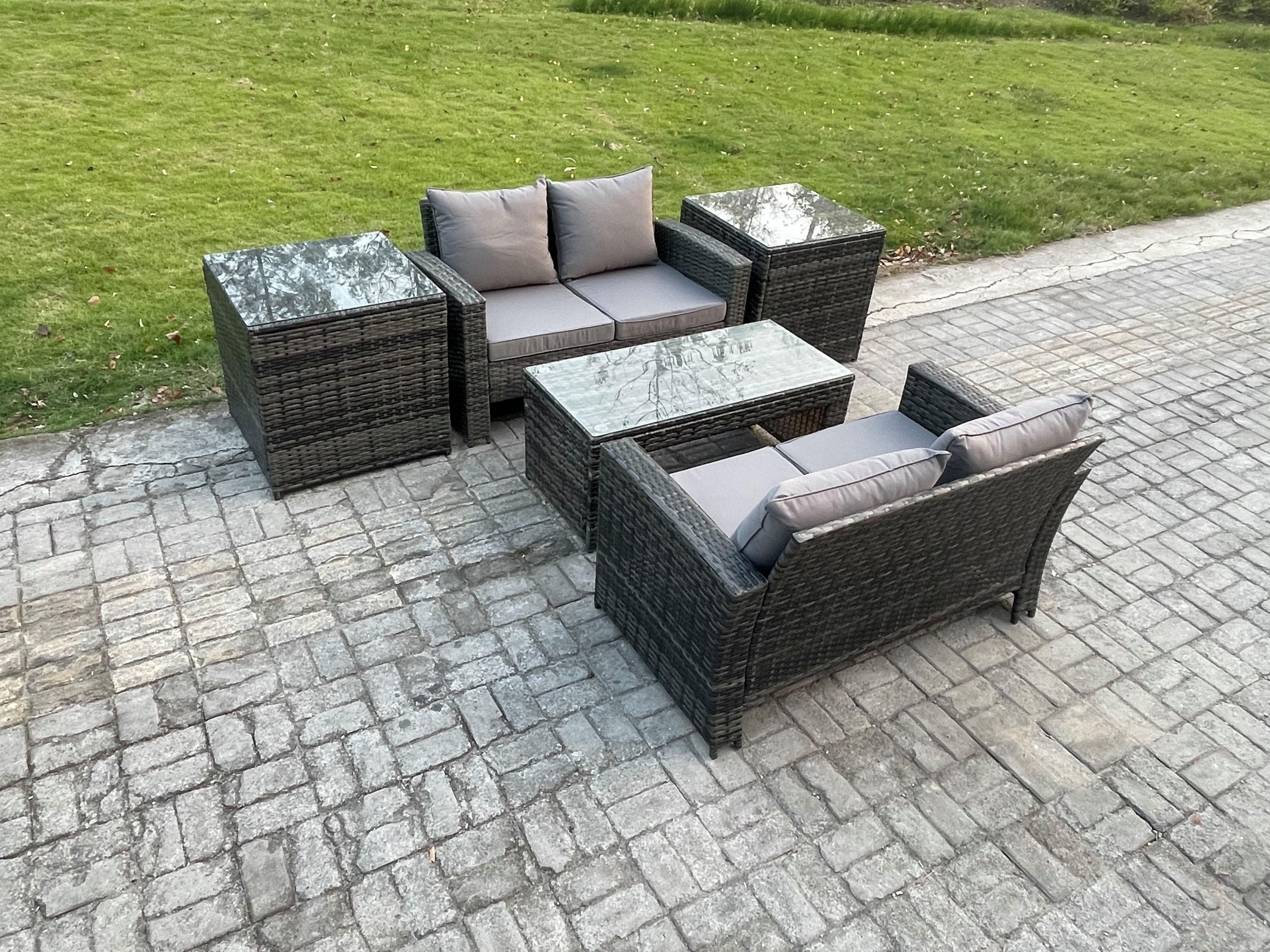 High Back Rattan Garden Furniture Sofa Sets Rectangular Coffee Table 2 Side Tables Dark Grey Mixed