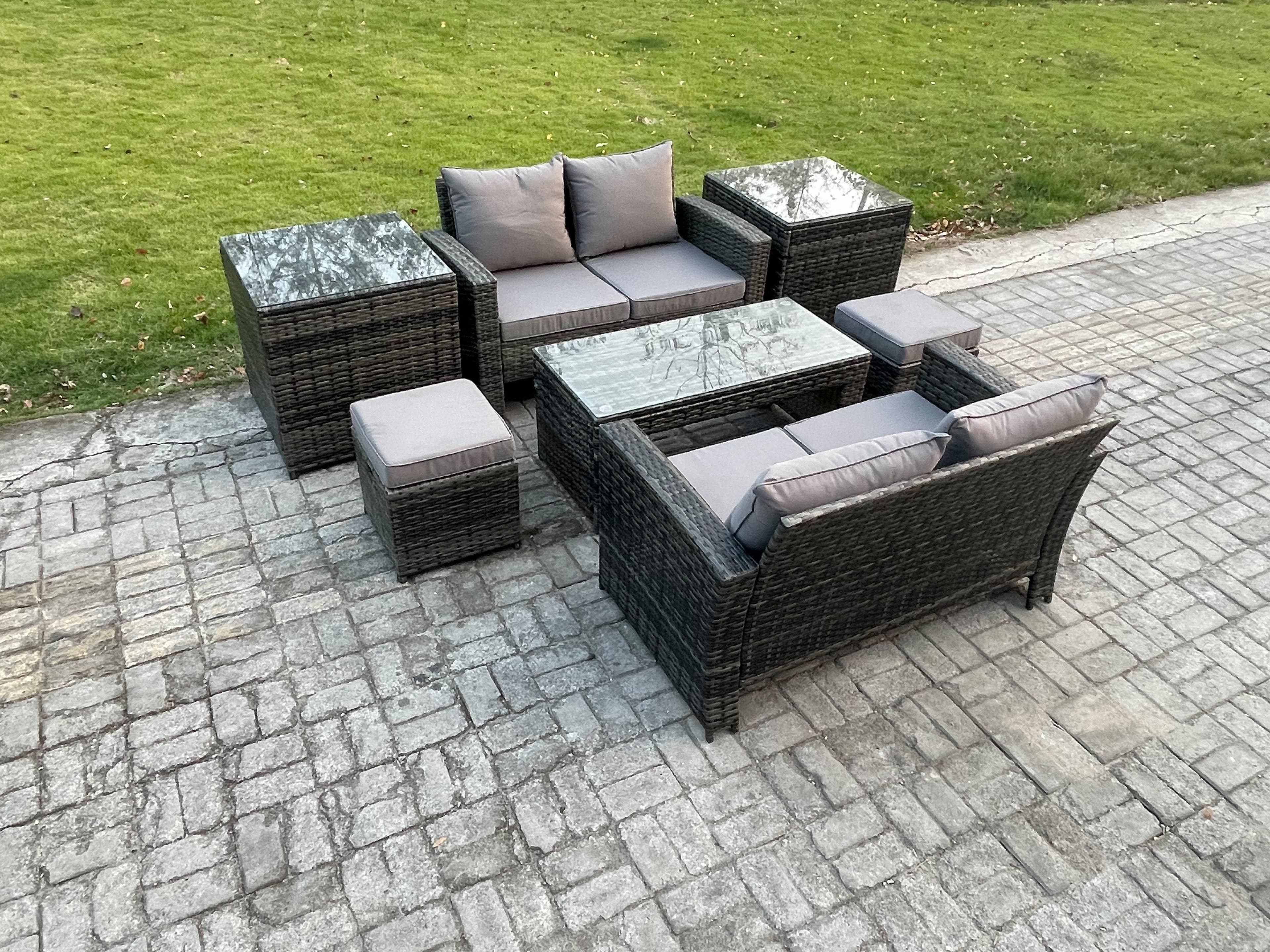 High Back Rattan Garden Furniture Sofa Sets Rectangular Coffee Table 2 Side Tables 2 Small Footstools Dark Grey Mixed
