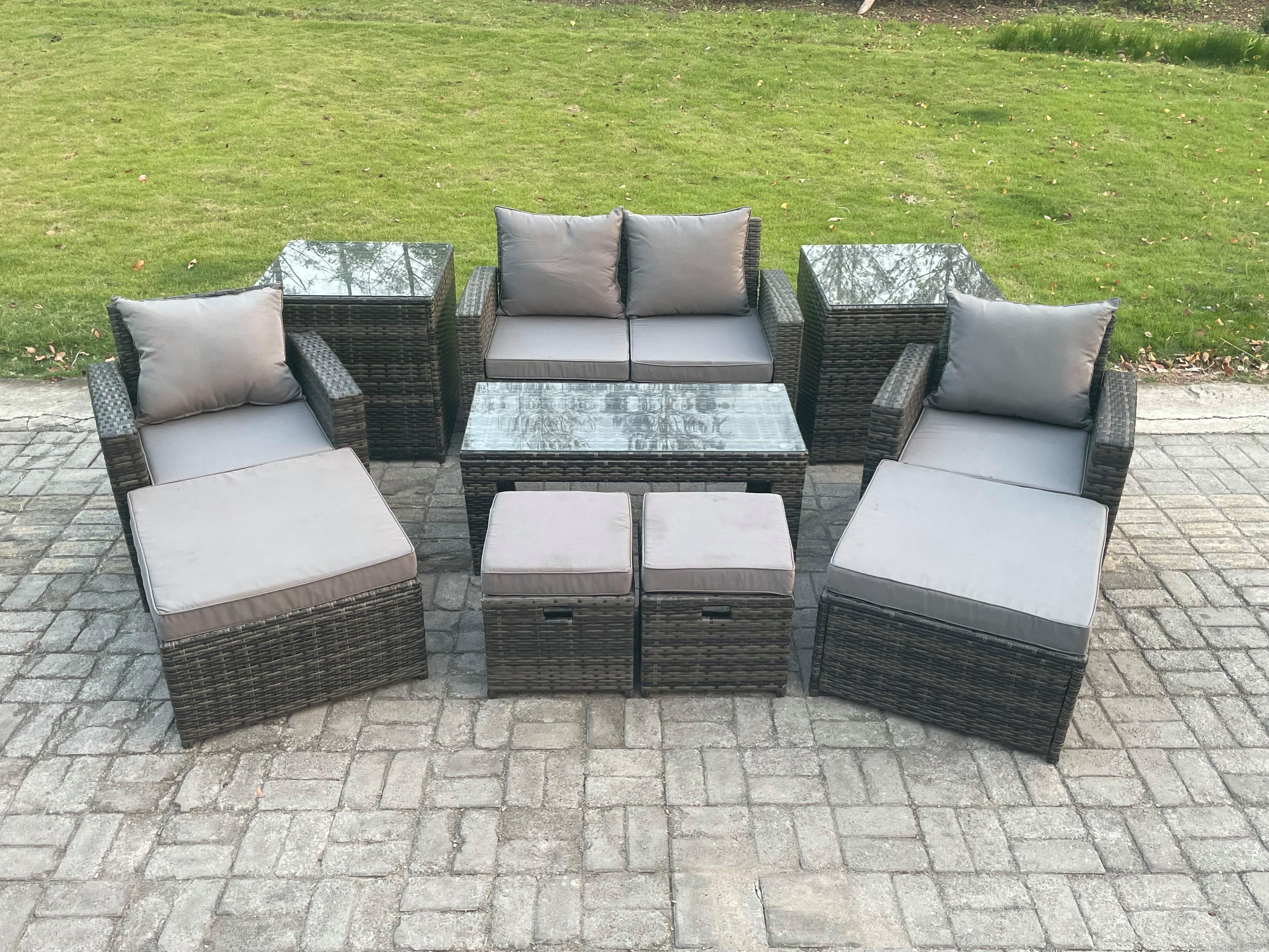 High Back Rattan Garden Furniture Sofa Sets Rectangular Coffee Table 2 Side Tables Armchair 2 Big Footstool 2 Small Footstools Dark Grey Mixed