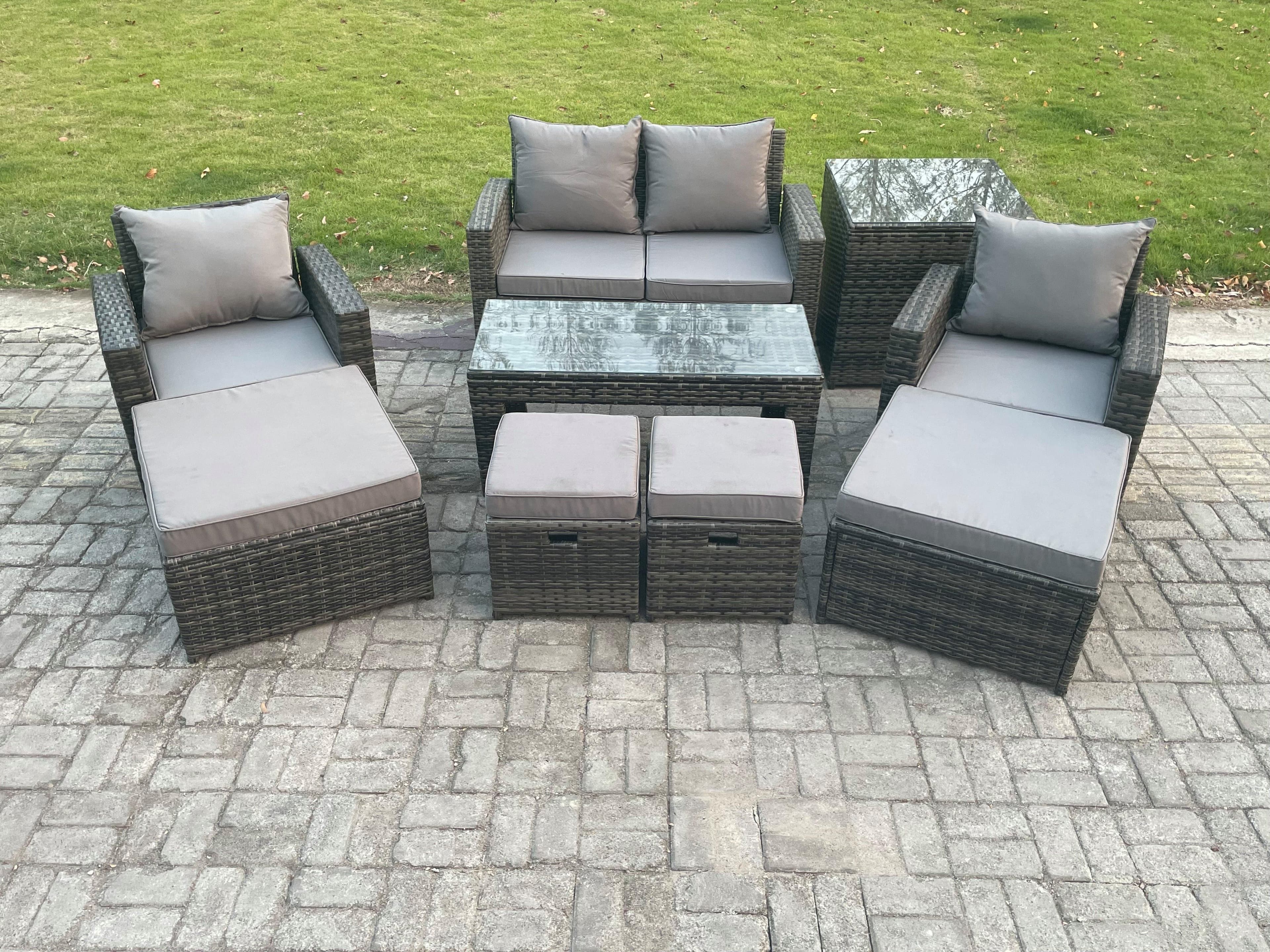 High Back Rattan Garden Furniture Sofa Sets Rectangular Coffee Table Side Table Armchair 2 Big Footstool 2 Small Footstools Dark Grey Mixed
