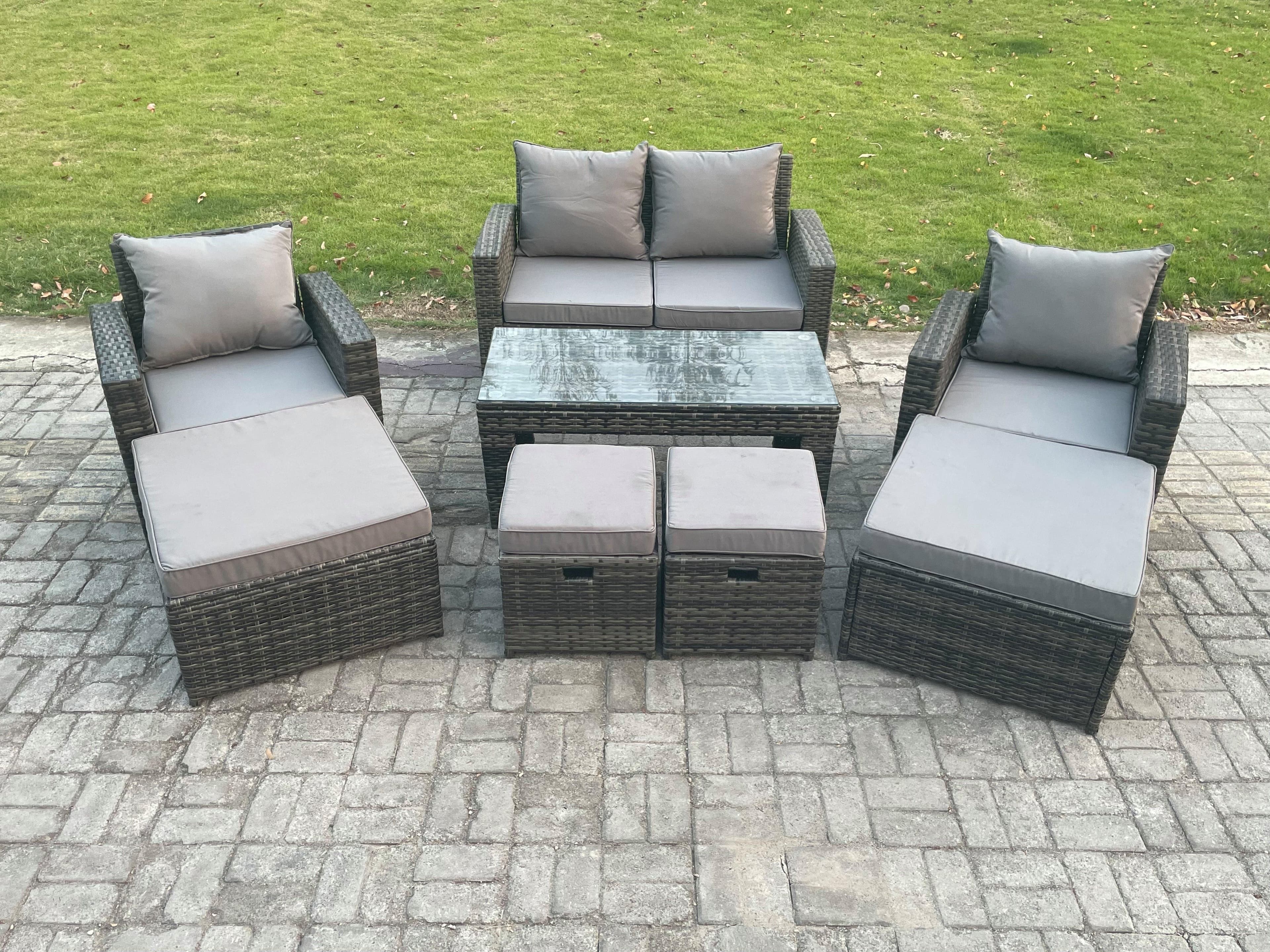 High Back Rattan Garden Furniture Sofa Sets Rectangular Coffee Table Armchair 2 Big Footstool 2 Small Footstools Dark Grey Mixed