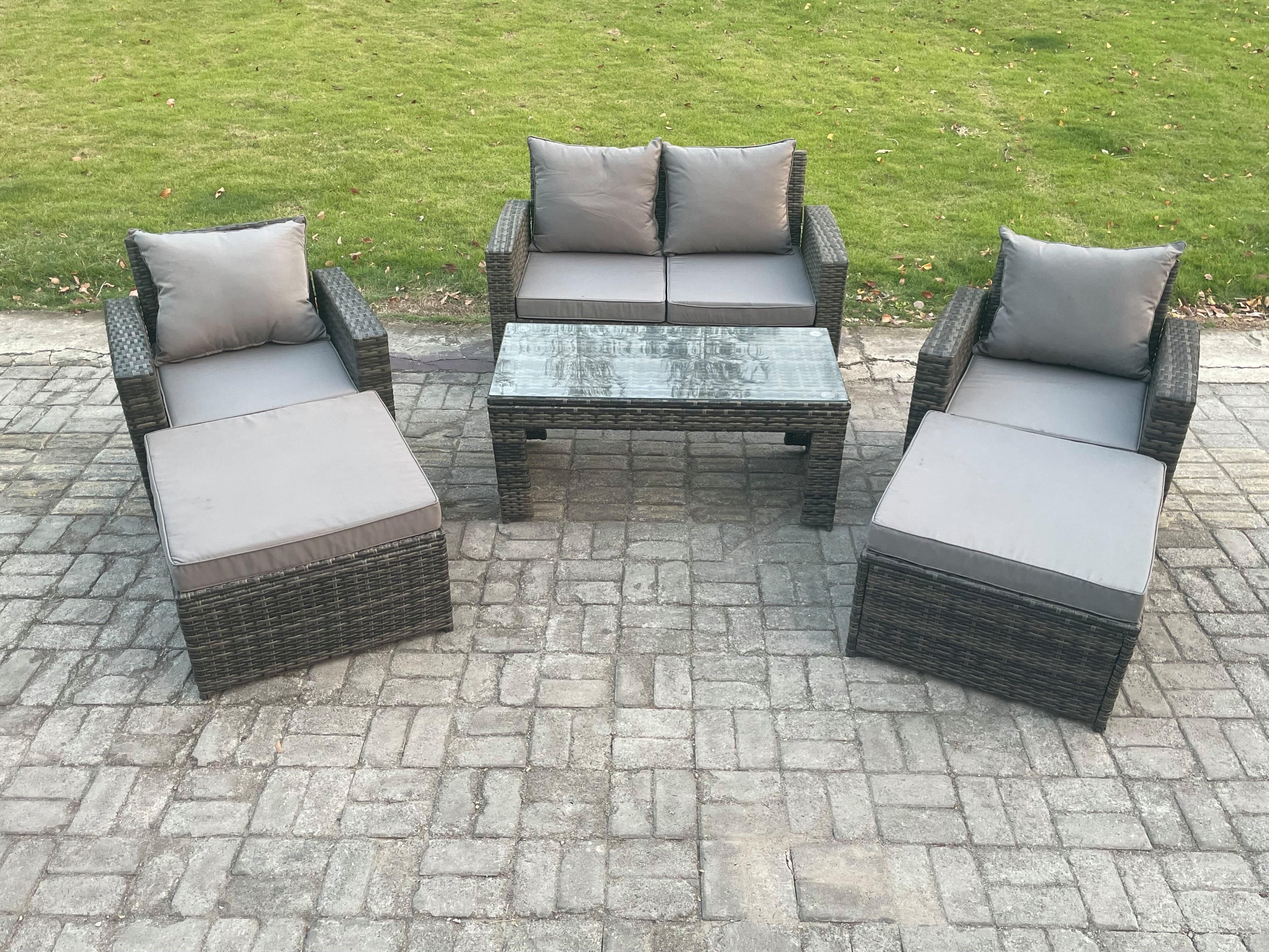 6 Seater High Back Rattan Garden Furniture Sofa Sets Rectangular Coffee Table Armchair 2 Big Footstool Dark Grey Mixed