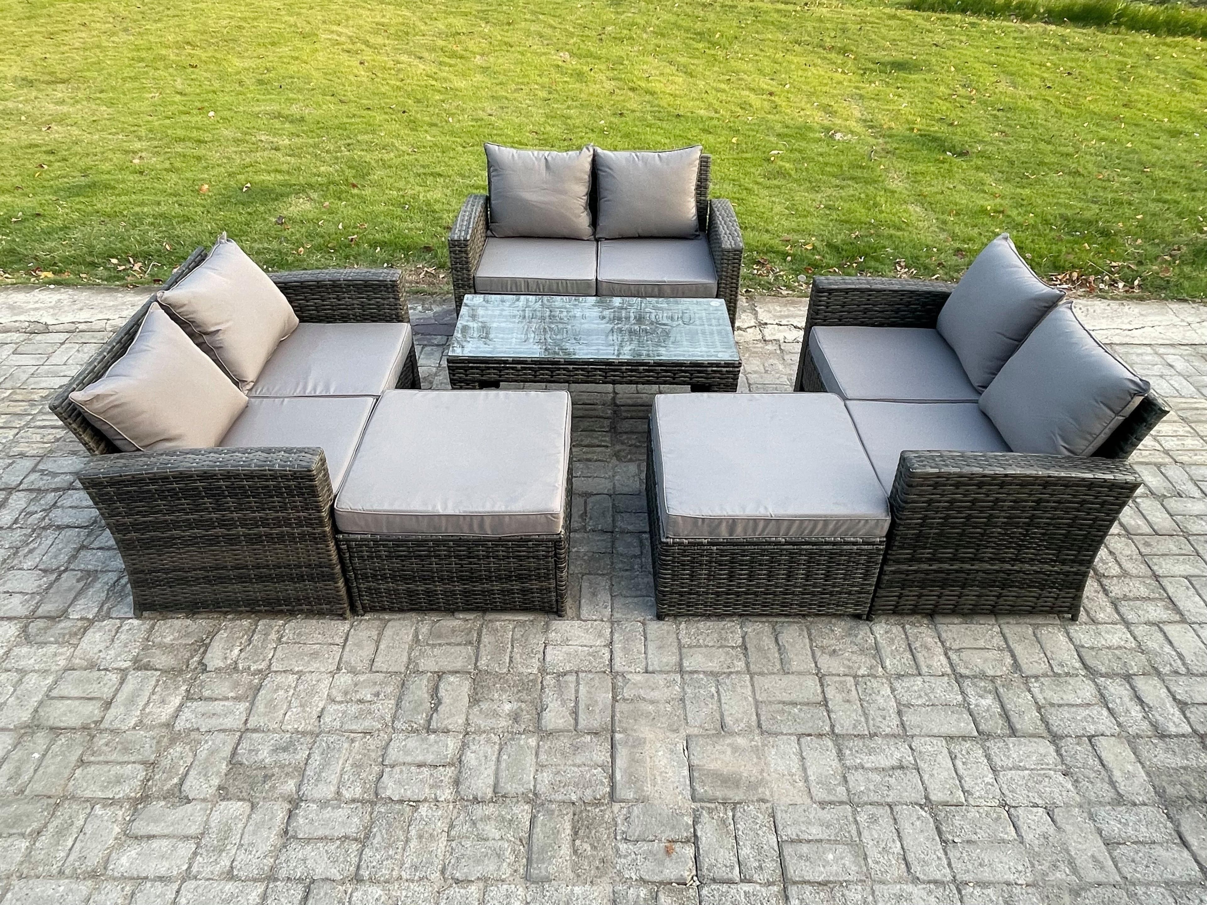 8 Seater High Back Rattan Garden Furniture Sofa Sets Rectangular Coffee Table 2 Big Footstool Dark Grey Mixed