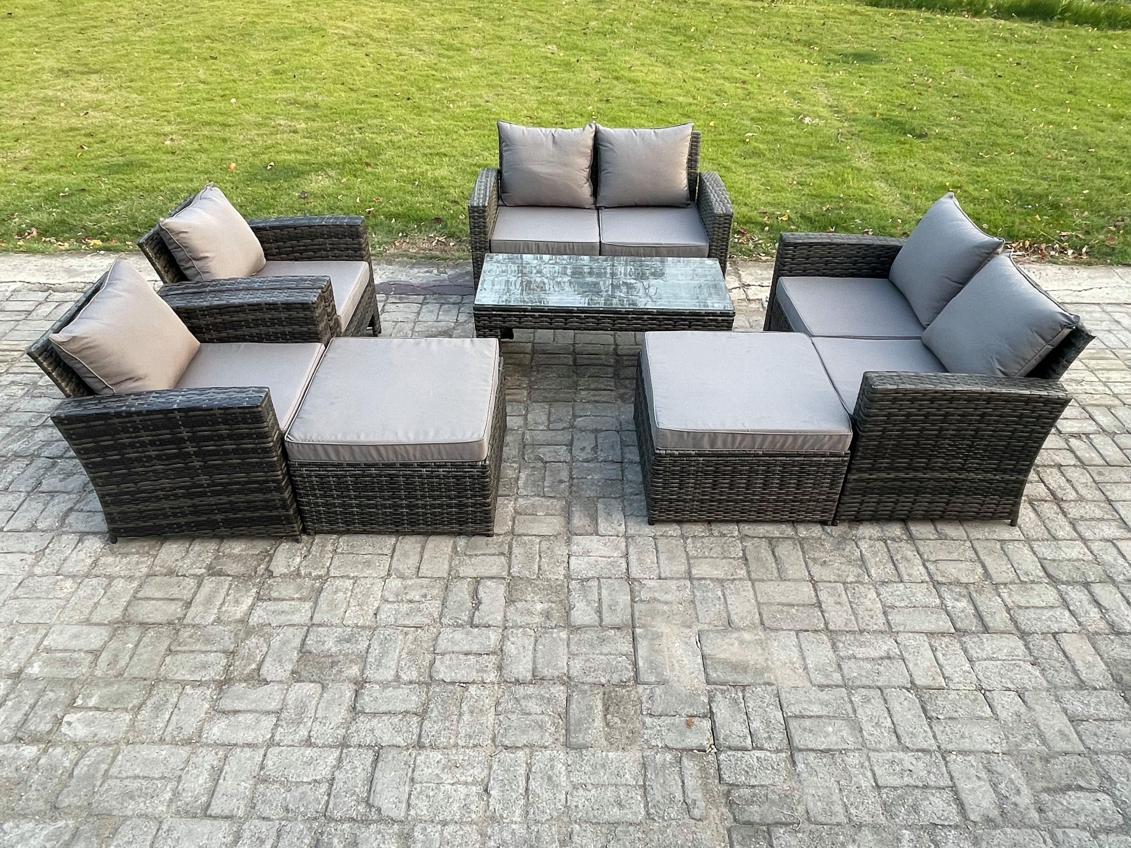 8 Seater High Back Rattan Garden Furniture Sofa Sets Rectangular Coffee Table 2 Big Footstool Loveseat Sofa Armchair Dark Grey Mixed