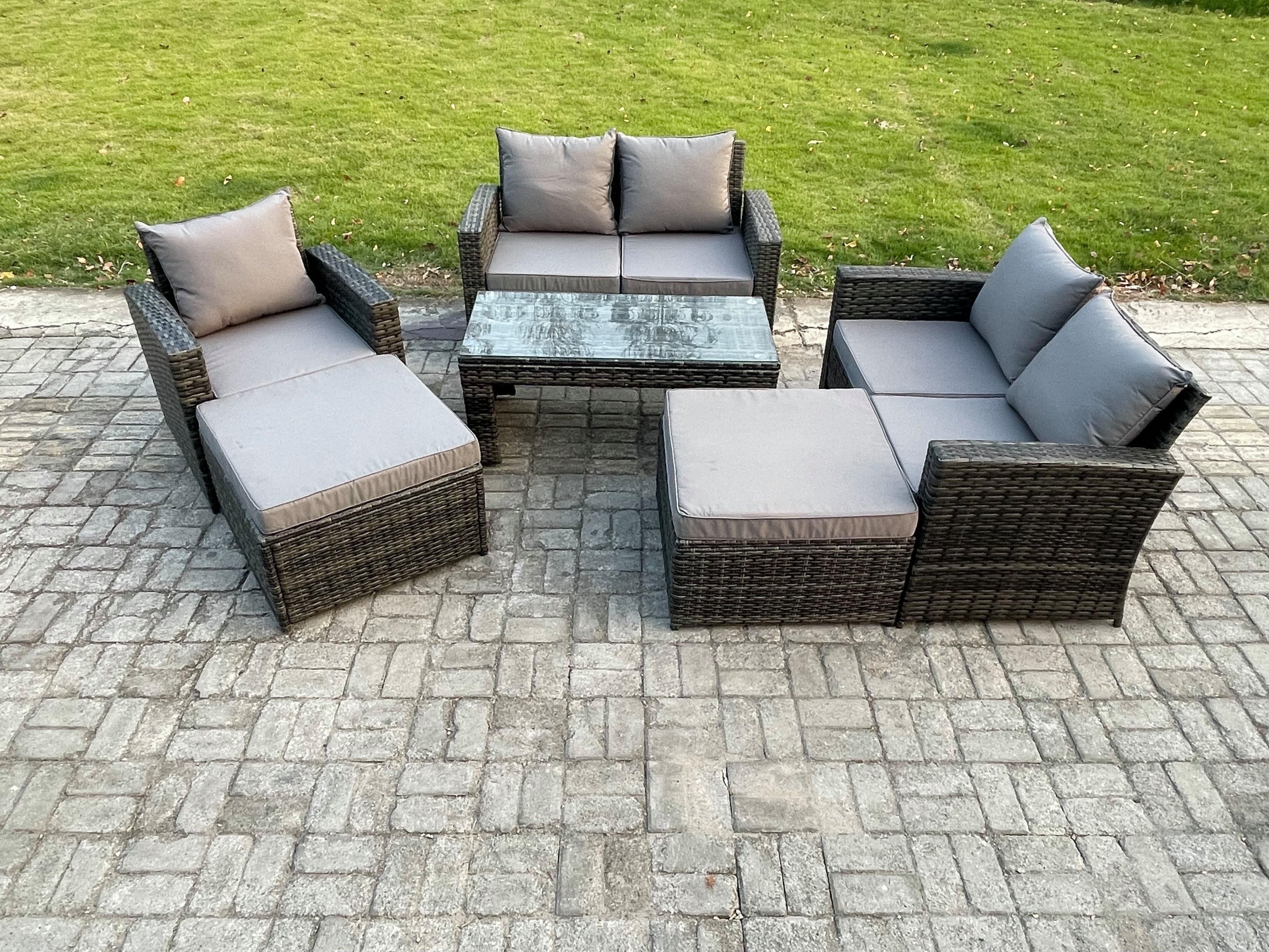 7 Seater High Back Rattan Garden Furniture Sofa Sets Rectangular Coffee Table 2 Big Footstool Loveseat Sofa Armchair Dark Grey Mixed