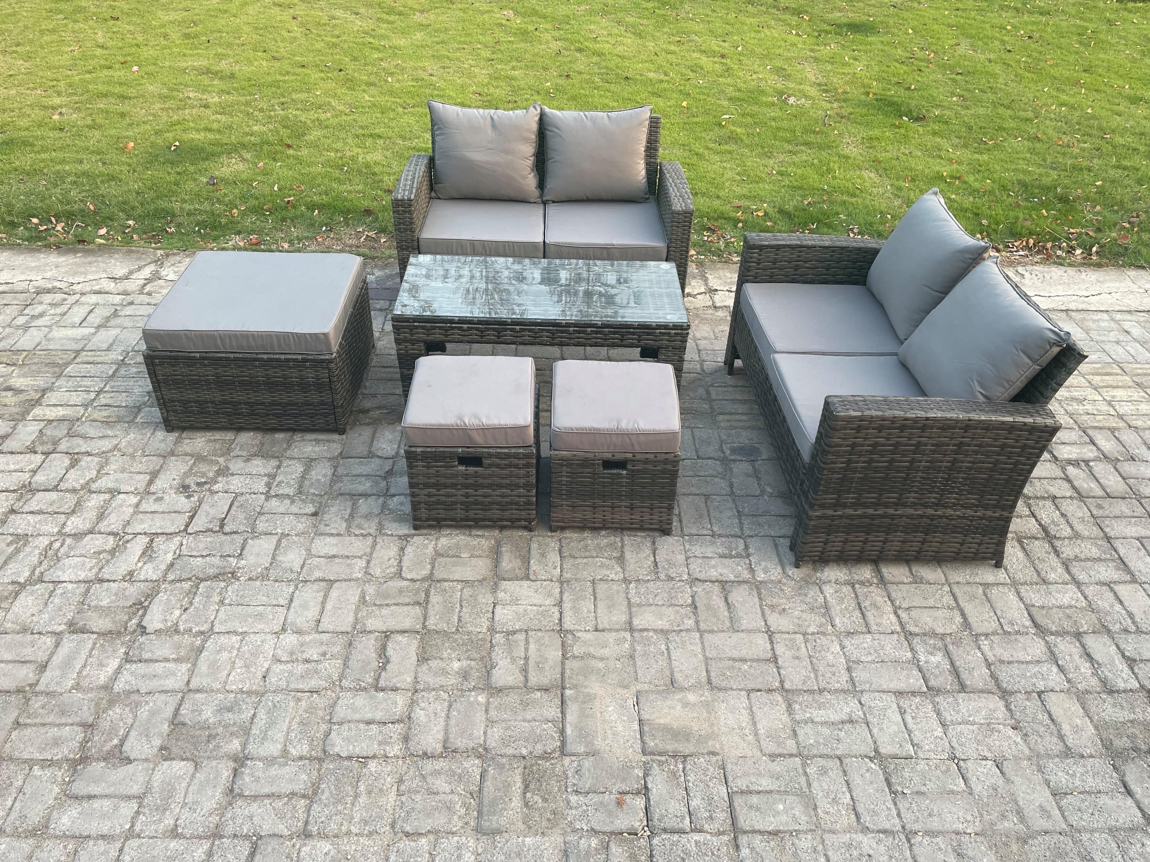 7 Seater High Back Rattan Garden Furniture Sofa Sets Rectangular Coffee Table 3 Footstools Loveseat Sofa Dark Grey Mixed