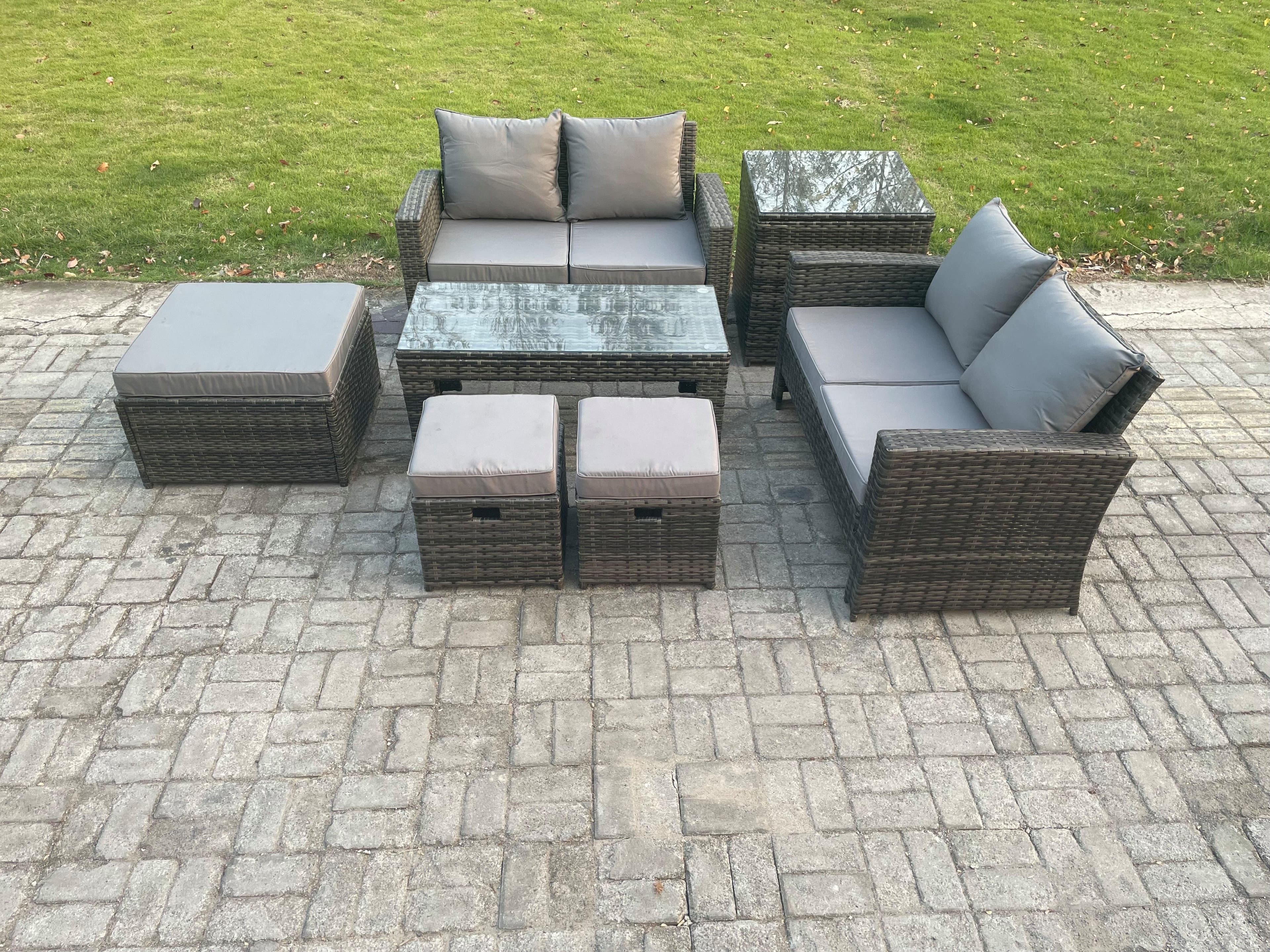 7 Seater High Back Rattan Garden Furniture Sofa Sets Rectangular Coffee Table Side Table 3 Footstools Loveseat Sofa Dark Grey Mixed