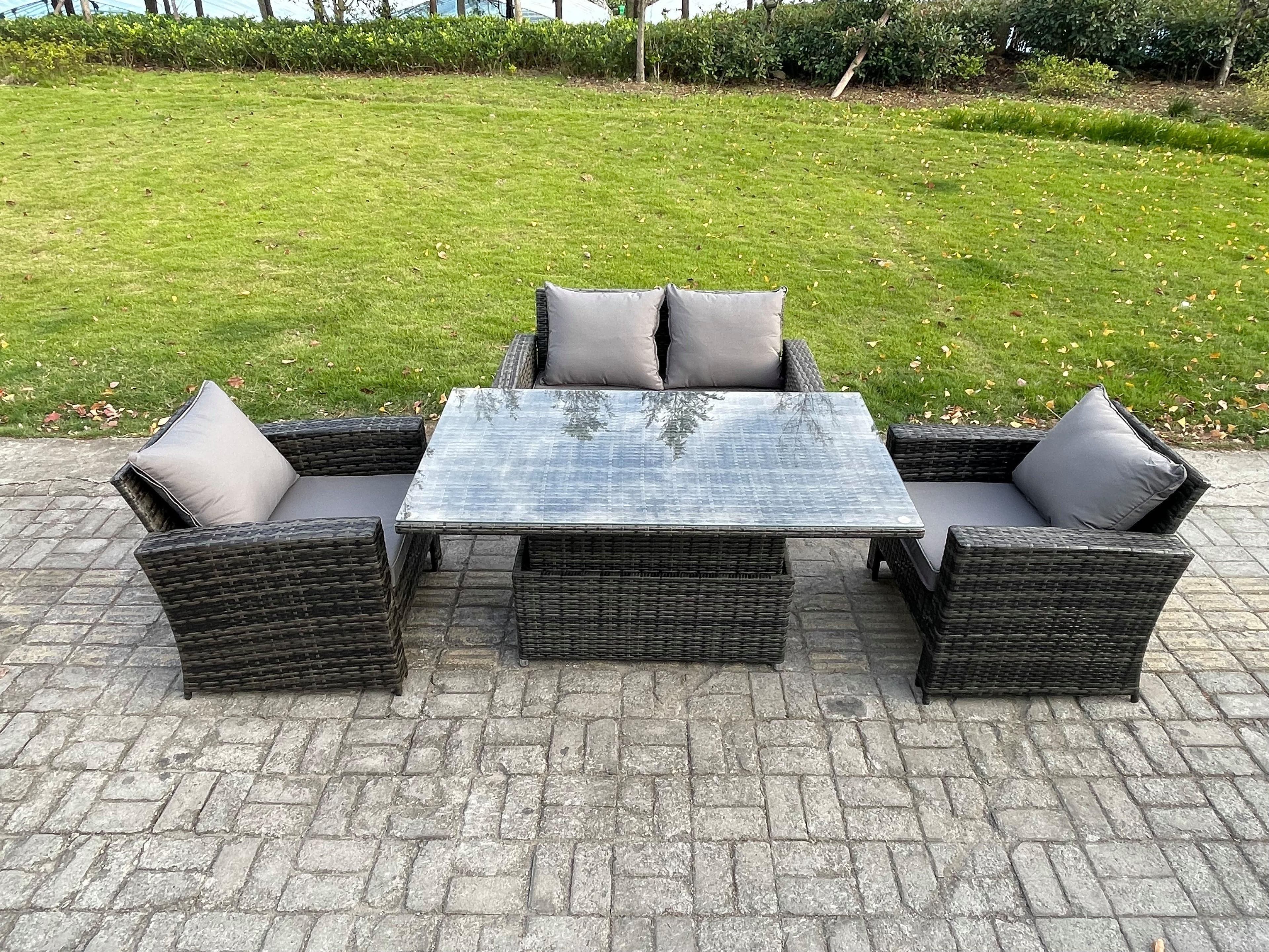 High Back Rattan Garden Furniture Sofa Sets Height Adjustable Rising Lifting Table Side Table Big Footstool