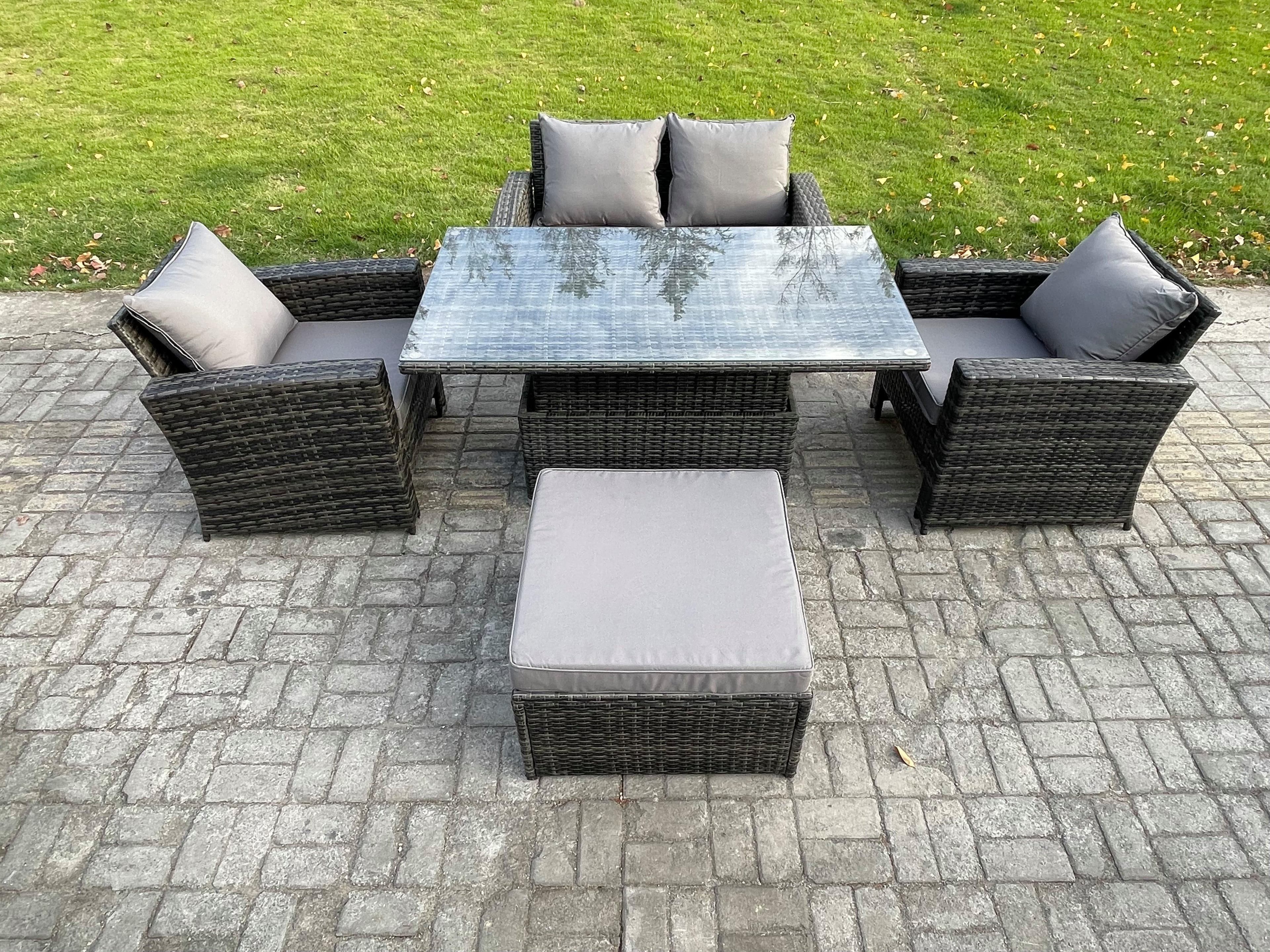 Outdoor Garden Dining Sets 5 Seater Rattan Patio Furniture Sofa Set Rising Lifting Table Big Footstool