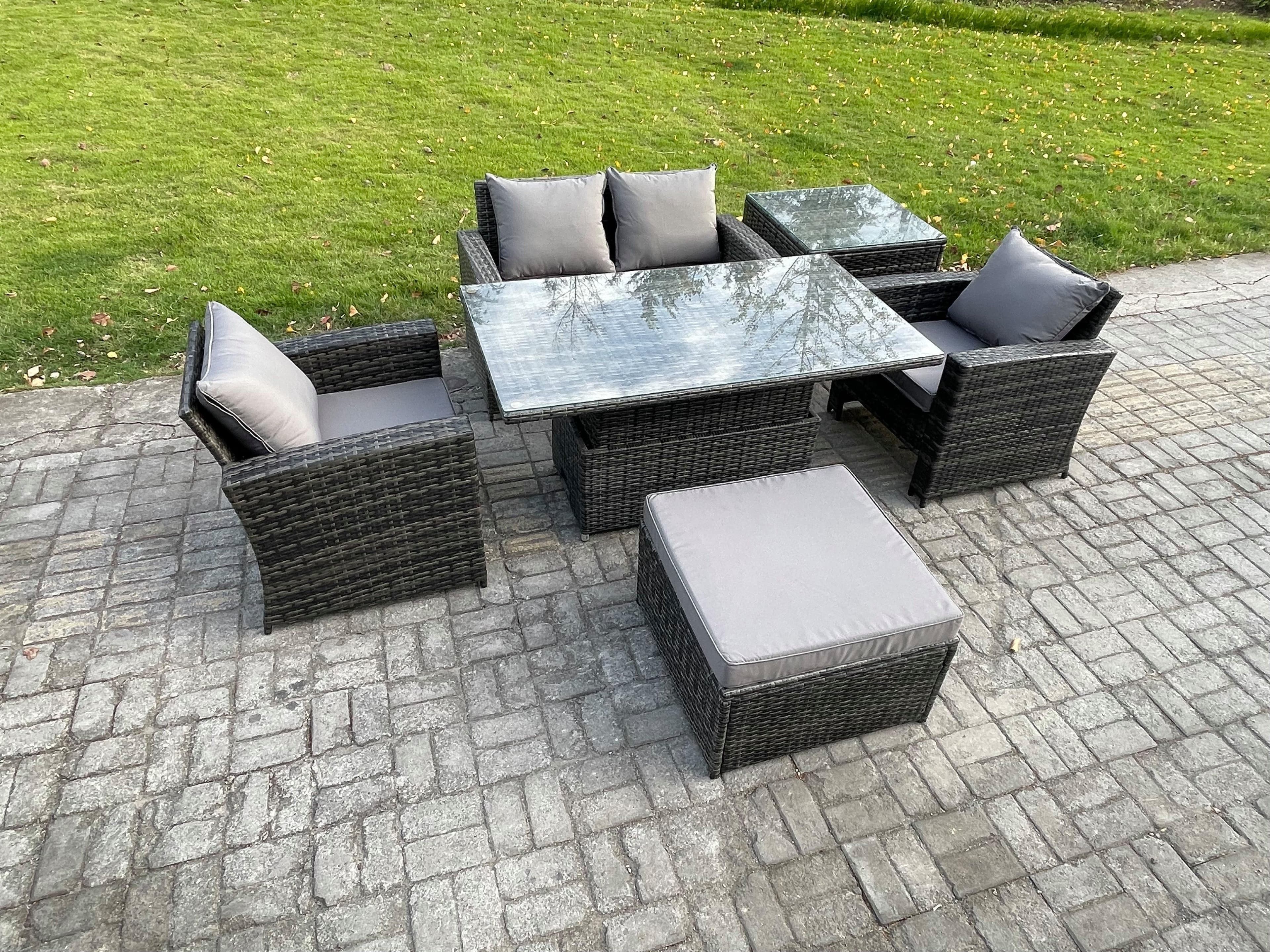 Outdoor Garden Dining Sets 5 Seater Rattan Patio Furniture Sofa Set Rising Lifting Table Side Table