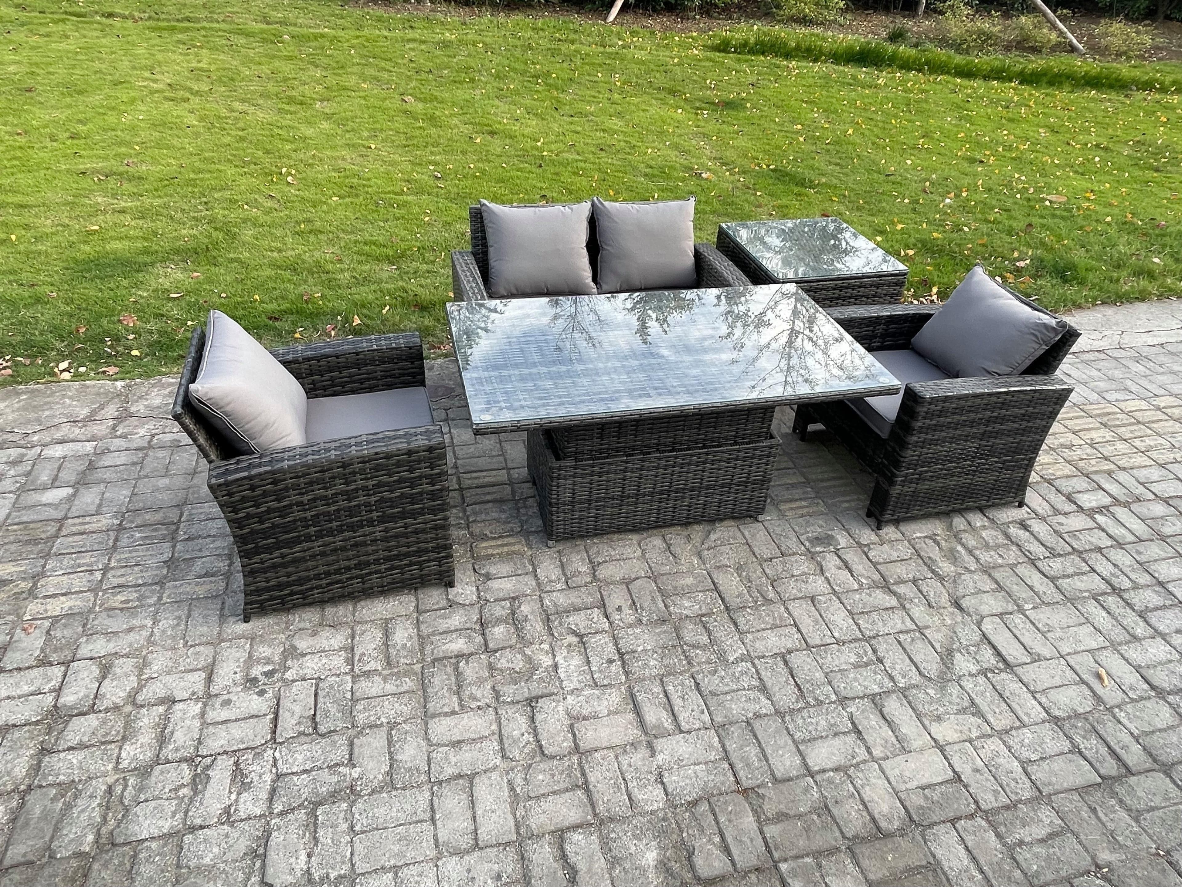 Outdoor Garden Dining Sets 4 Seater Rattan Patio Furniture Sofa Set Rising Lifting Table Side Table