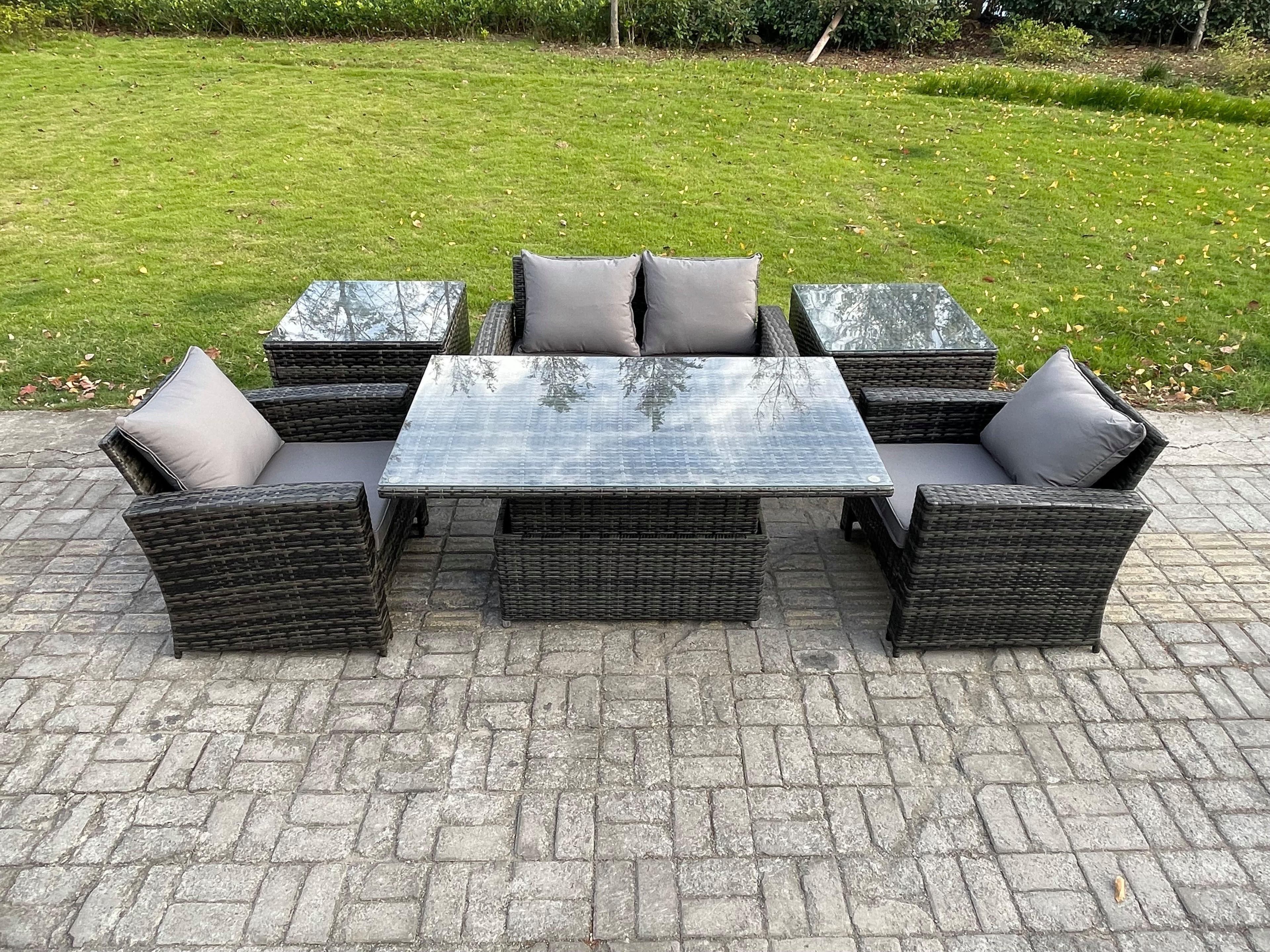 Outdoor Garden Dining Sets 4 Seater Rattan Patio Furniture Sofa Set Rising Lifting Table 2 Side Tables