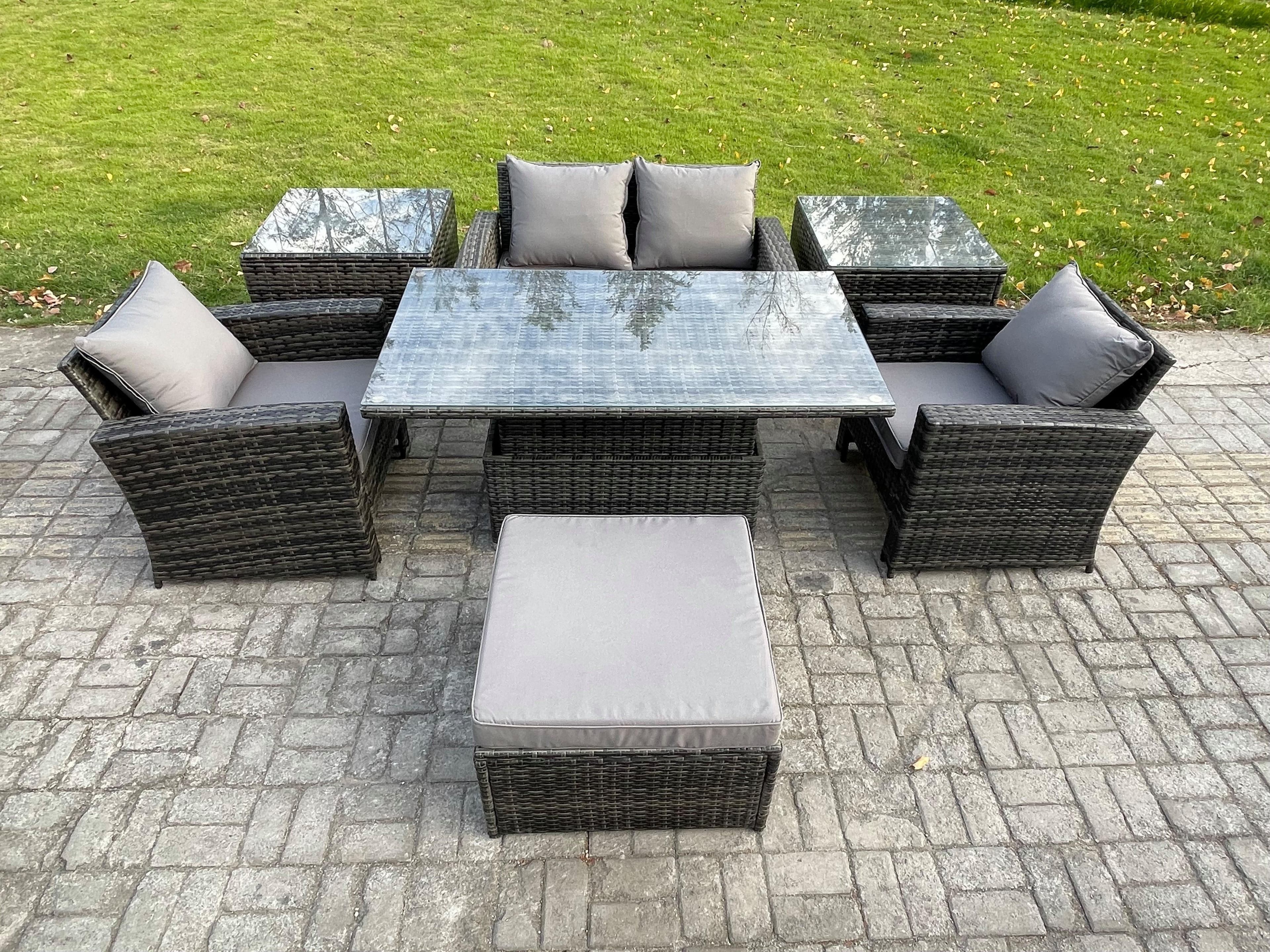 Outdoor Garden Dining Sets Rattan Patio Furniture Sofa Set Rising Lifting Table 2 Side Tables