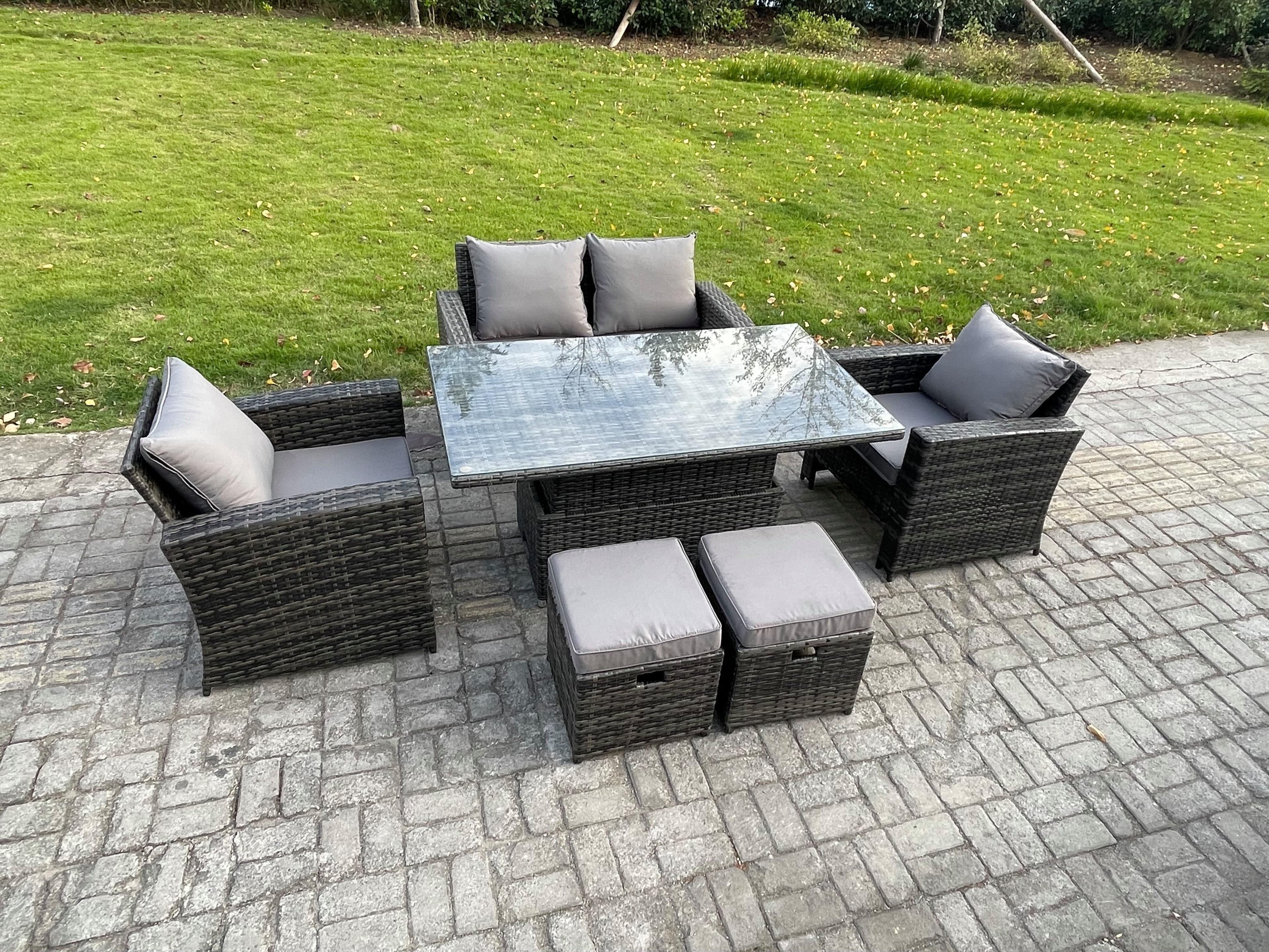 Outdoor Garden Dining Sets 6 Seater Rattan Patio Furniture Sofa Set Rising Lifting Table