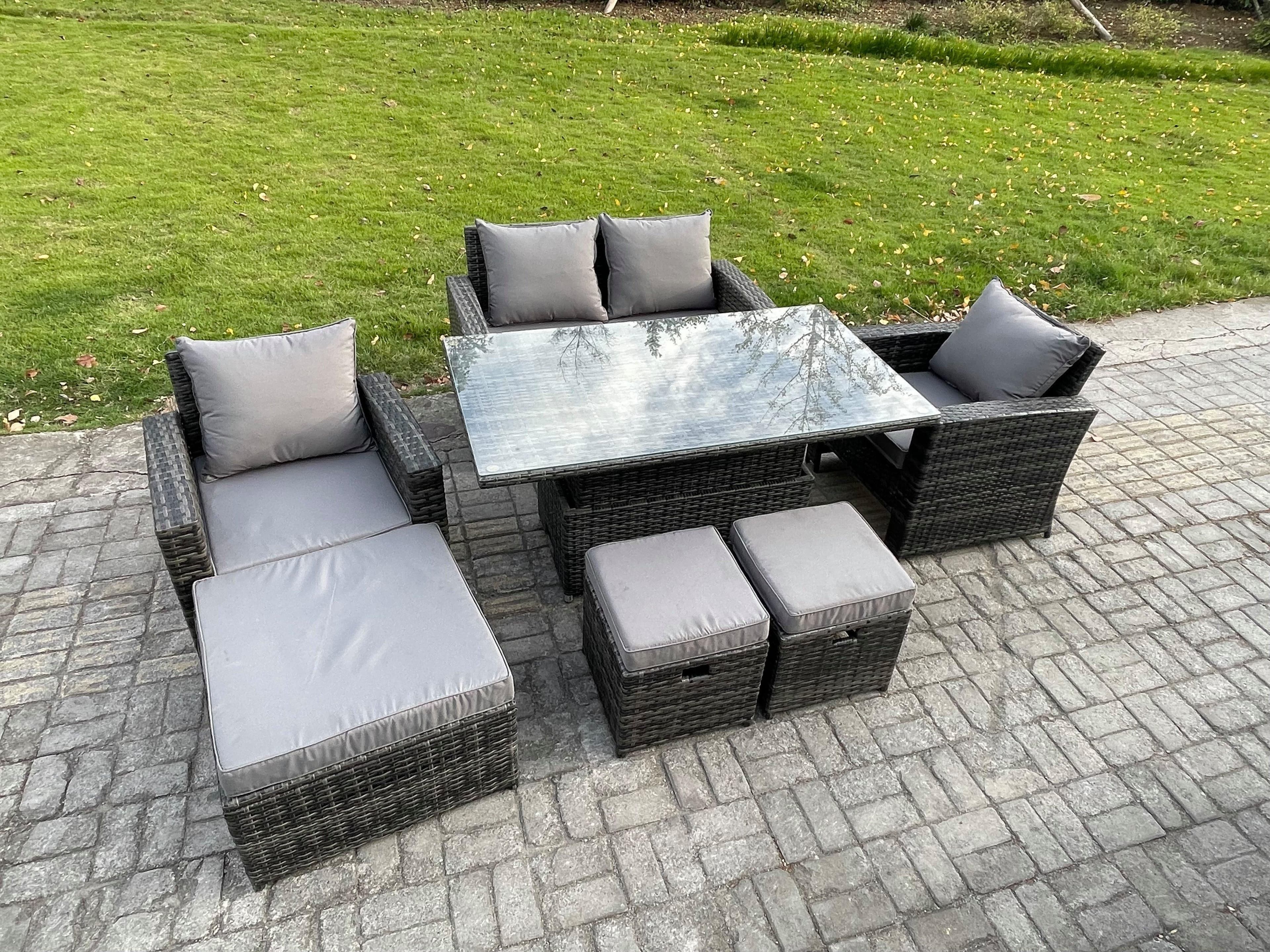 Outdoor Garden Dining Sets 7 Seater Rattan Patio Furniture Sofa Set Rising Lifting Table