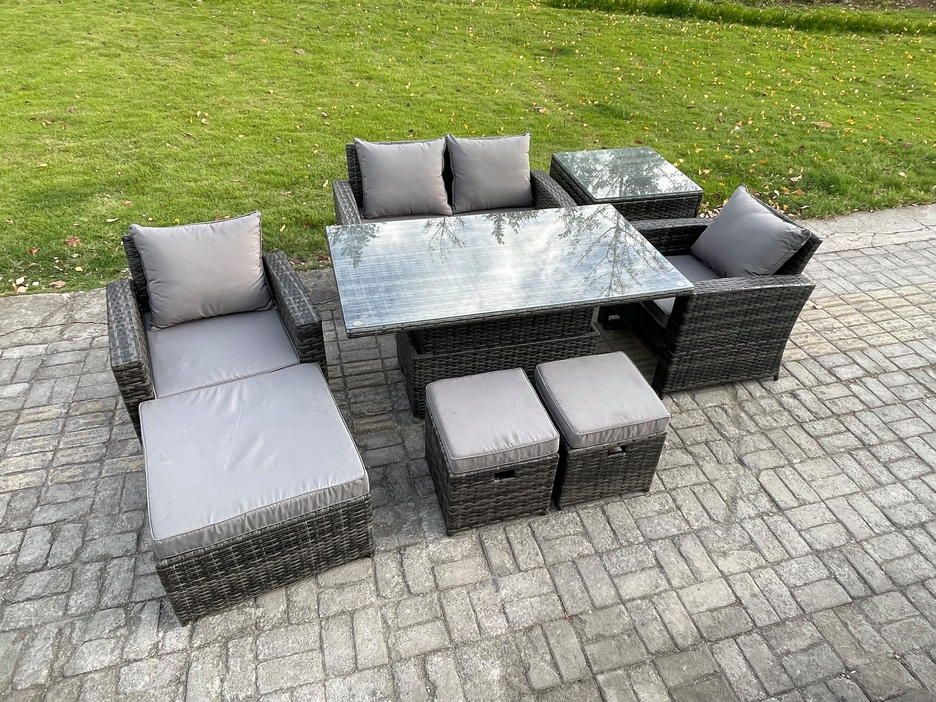 High Back Rattan Garden Furniture Sofa Sets Height Adjustable Rising Lifting Table Side Table