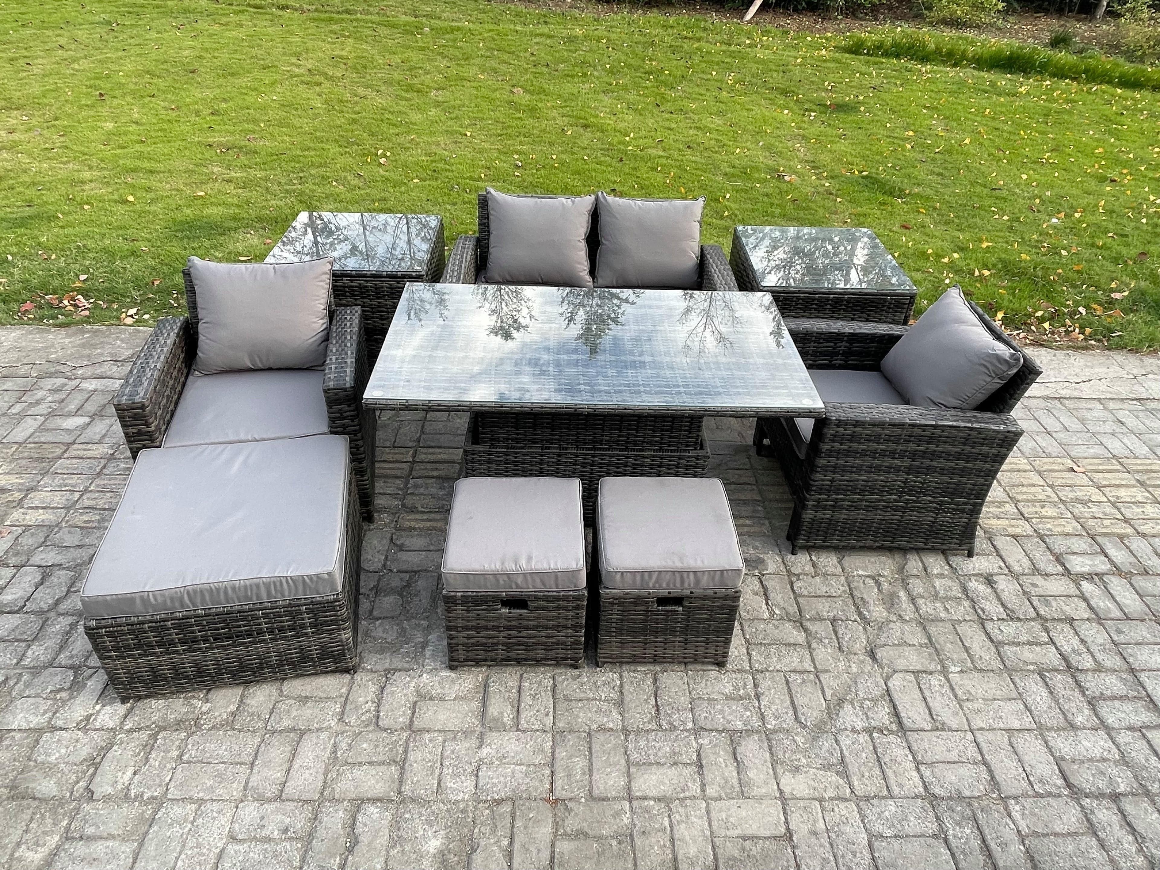 High Back Rattan Garden Furniture Sofa Sets Height Adjustable Rising Lifting Table 2 Side Tables 3 Footstools