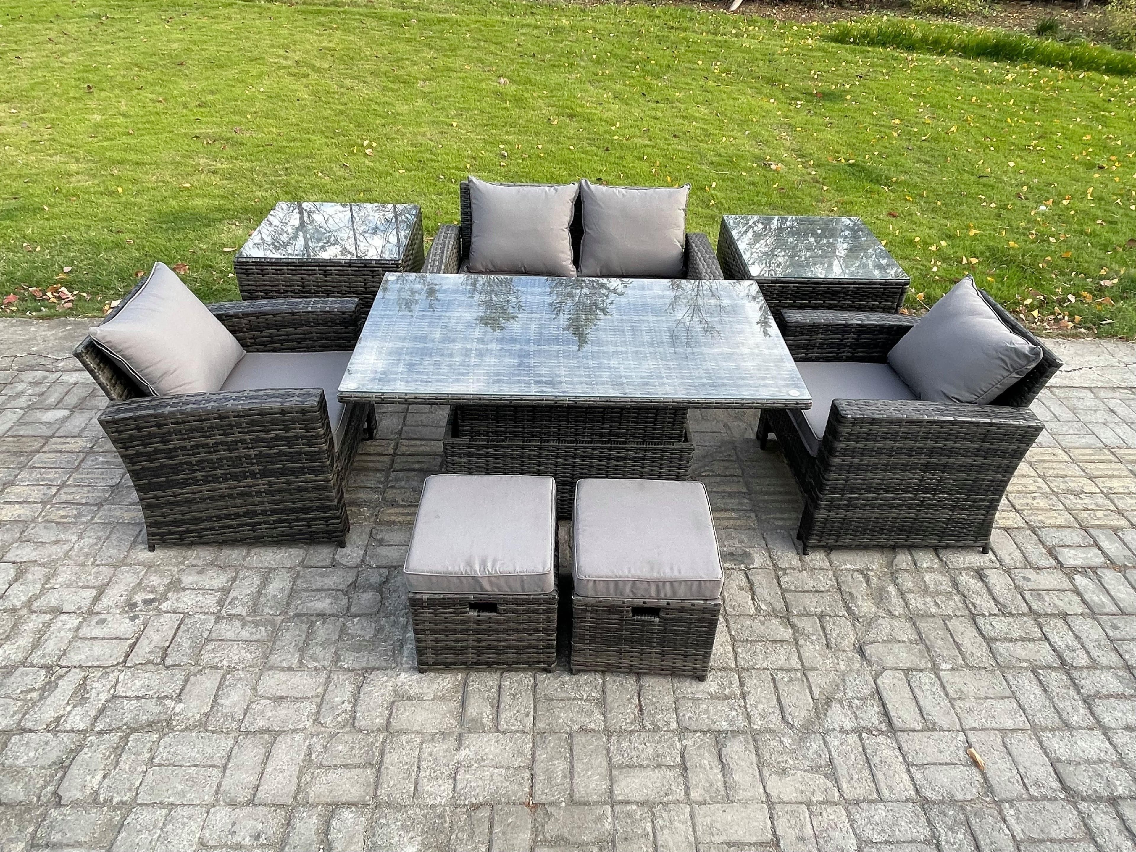 Rattan Garden Furniture Sofa Sets Height Adjustable Rising Lifting Table 2 Side Tables 2 Small Footstools