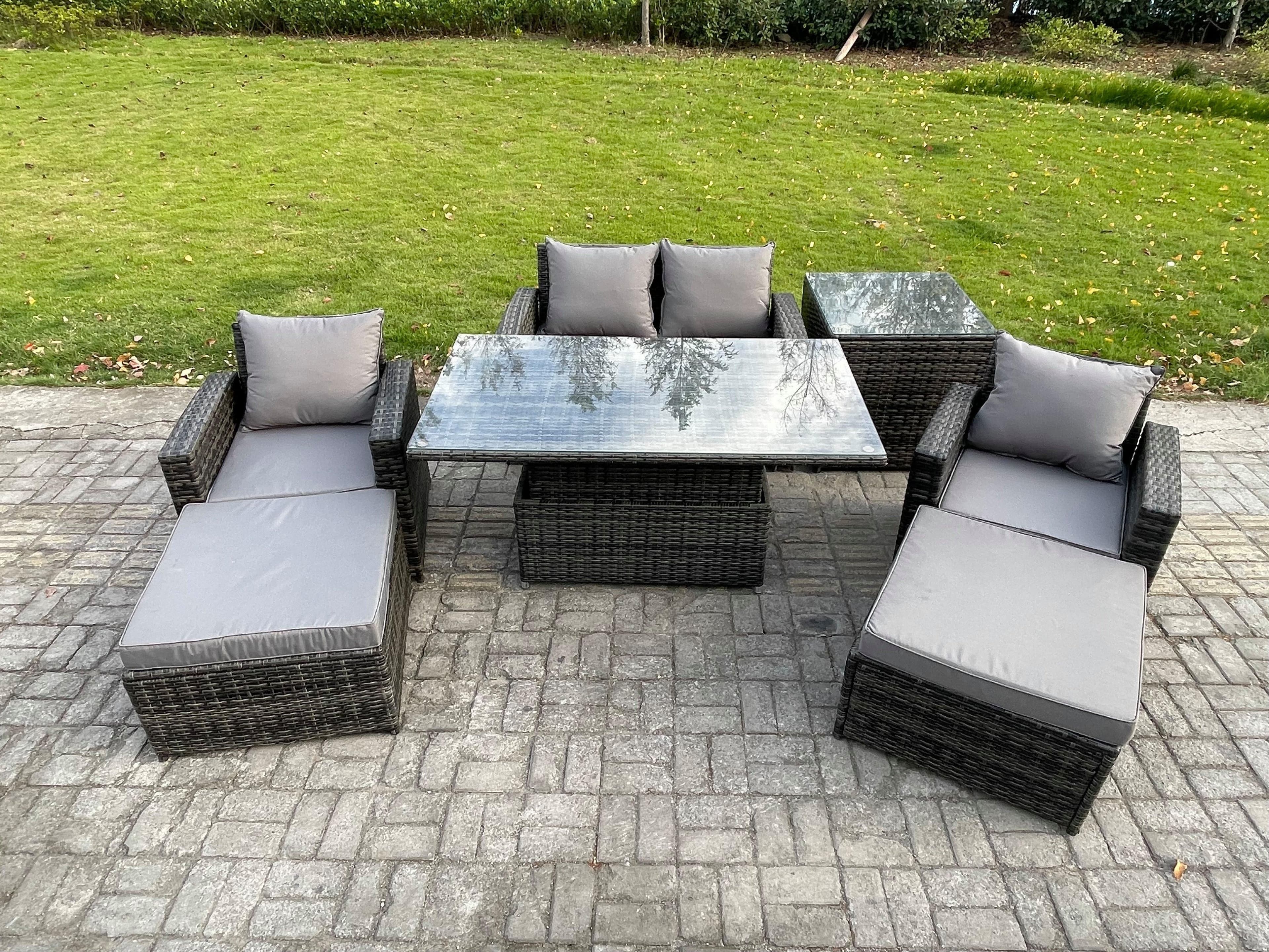 High Back Rattan Garden Furniture Sofa Sets Height Adjustable Rising Lifting Table Side Table 2 Big Footstool
