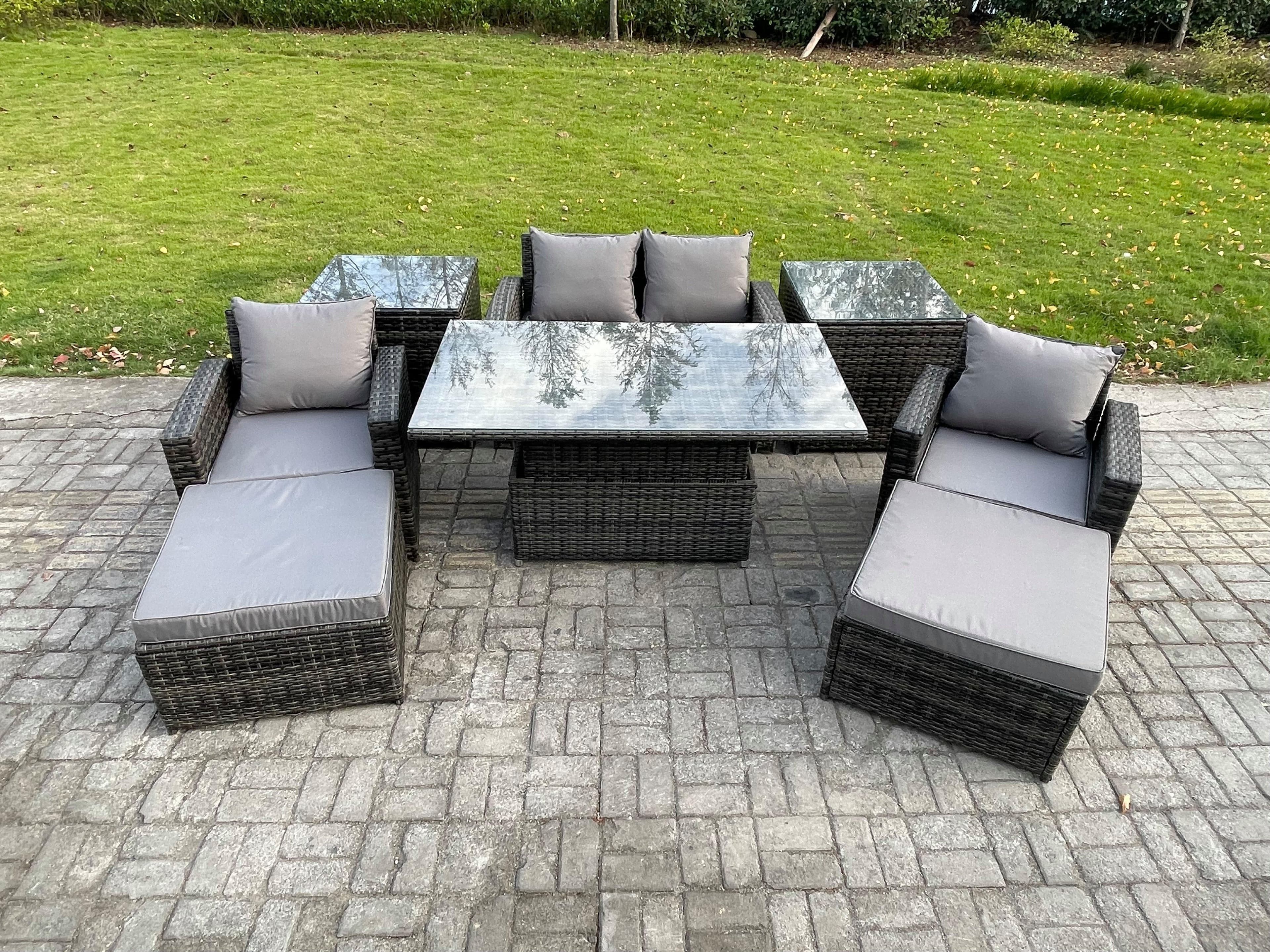 High Back Rattan Garden Furniture Sofa Sets Height Adjustable Rising Lifting Table 2 Side Tables 2 Big Footstool