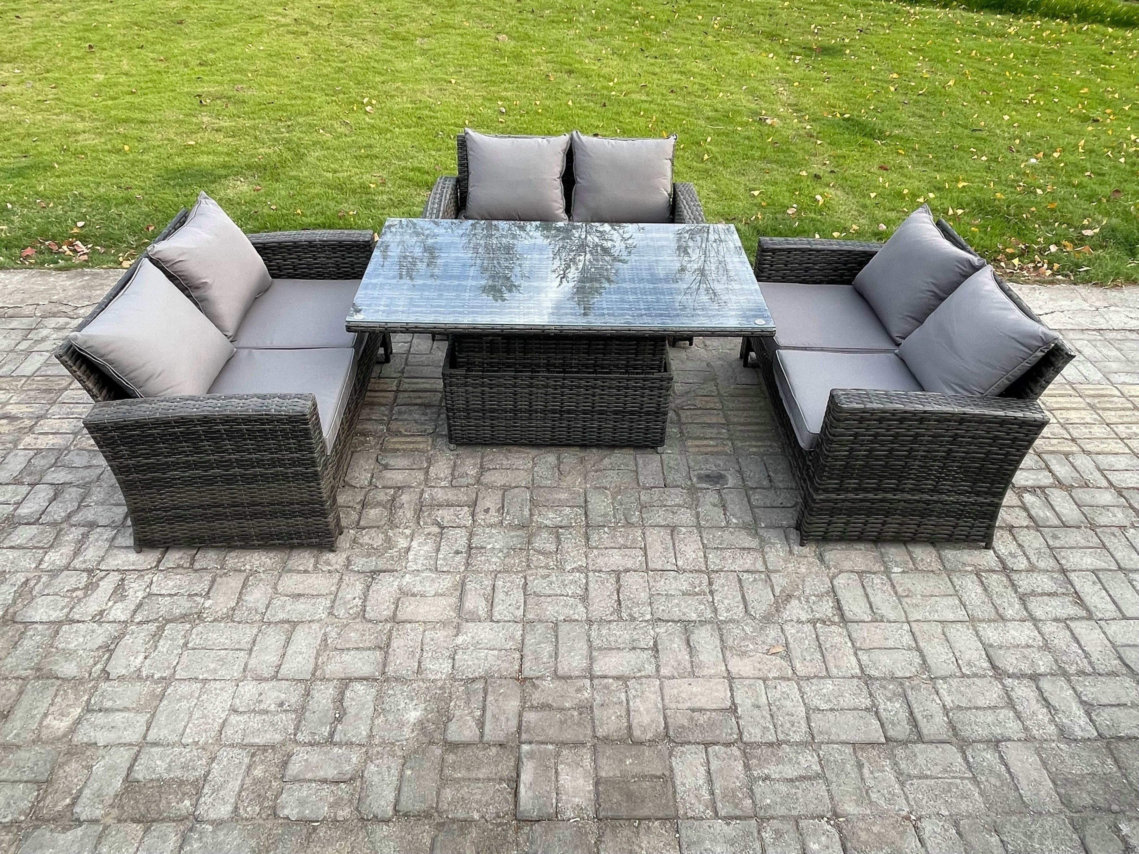 6 Seater Rattan Wicker Garden Furniture Patio Conservatory Sofa Set Height Adjustable Rising Lifting Table