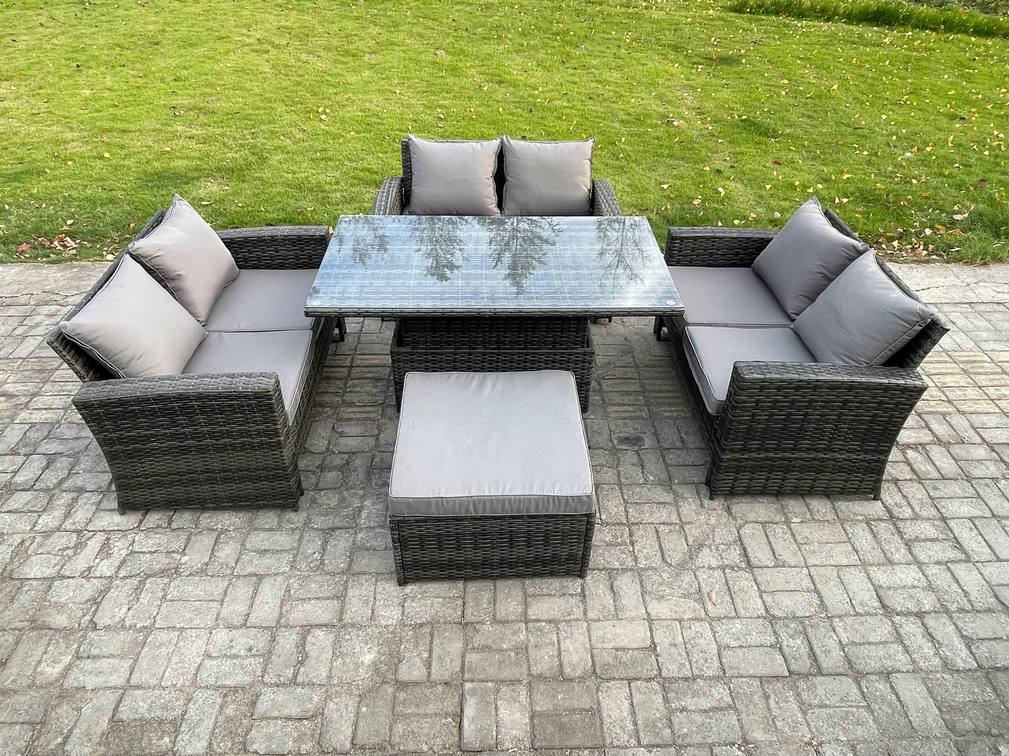 7 Seater Rattan Wicker Garden Furniture Patio Conservatory Sofa Set Height Adjustable Rising Lifting Table Big Footstool