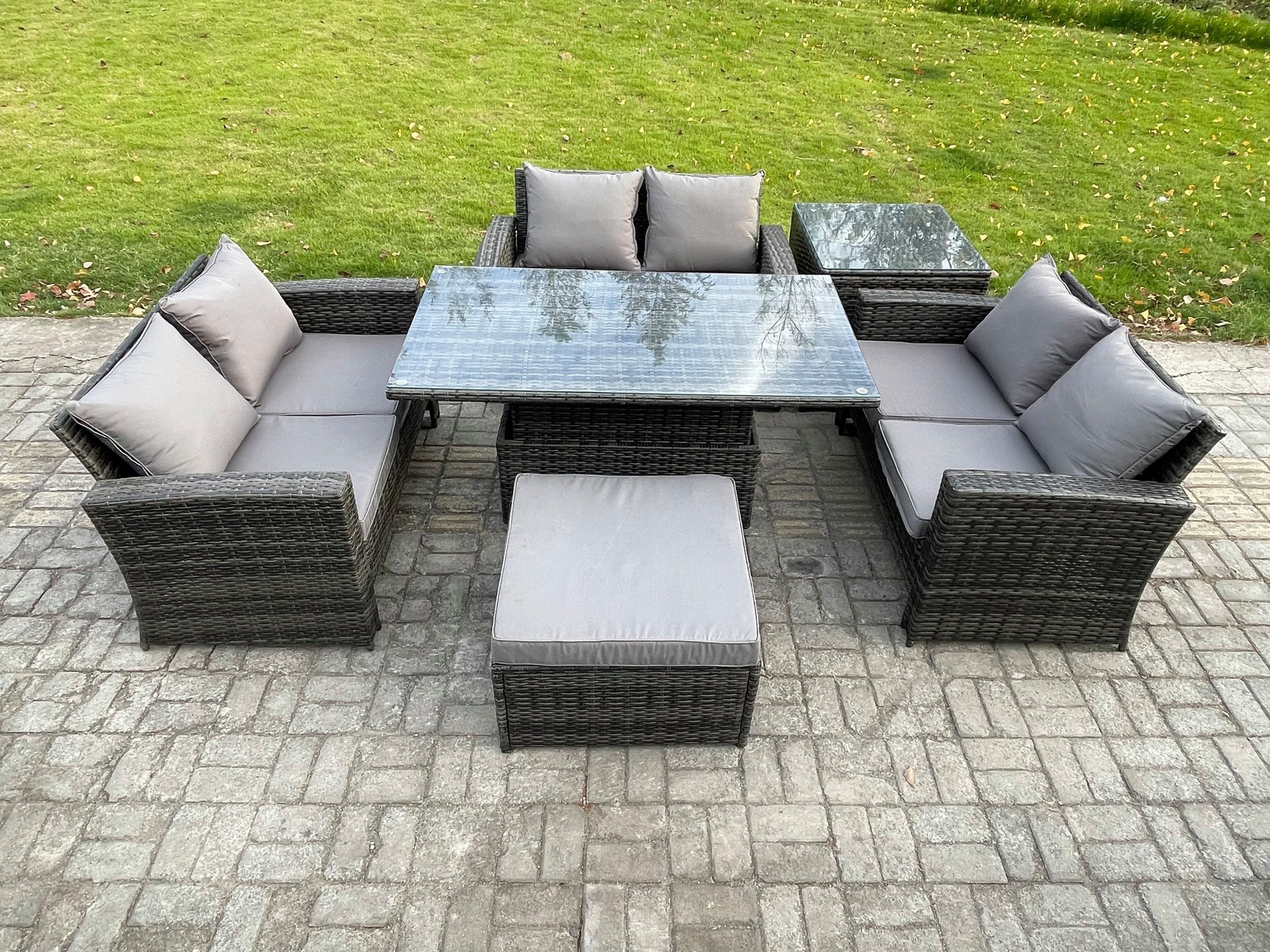 7 Seater Rattan Wicker Garden Furniture Patio Conservatory Sofa Set Height Adjustable Rising Lifting Table Footstool