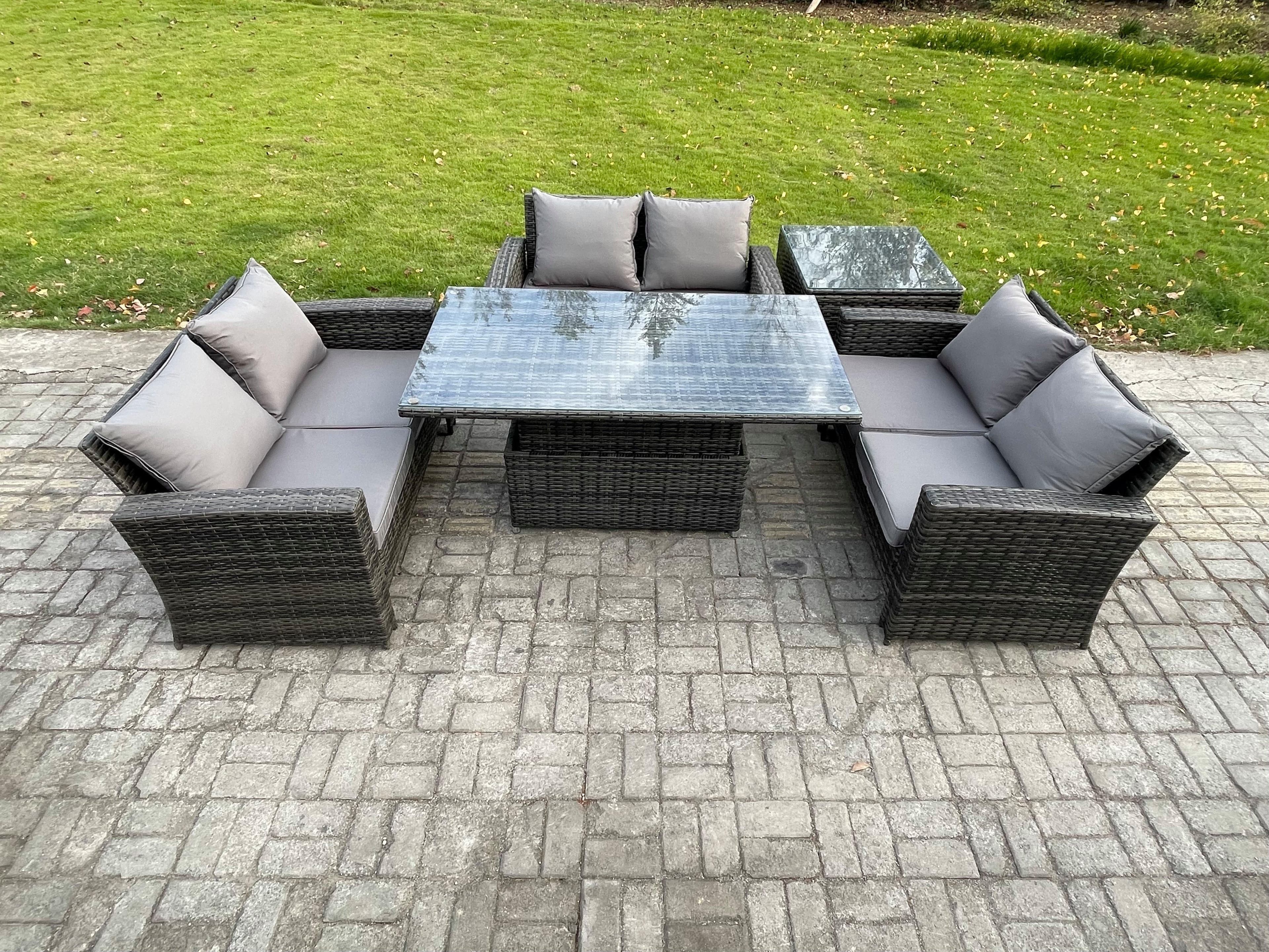 6 Seater Rattan Wicker Garden Furniture Patio Conservatory Sofa Set Height Adjustable Rising Lifting Table Double Seat Sofa