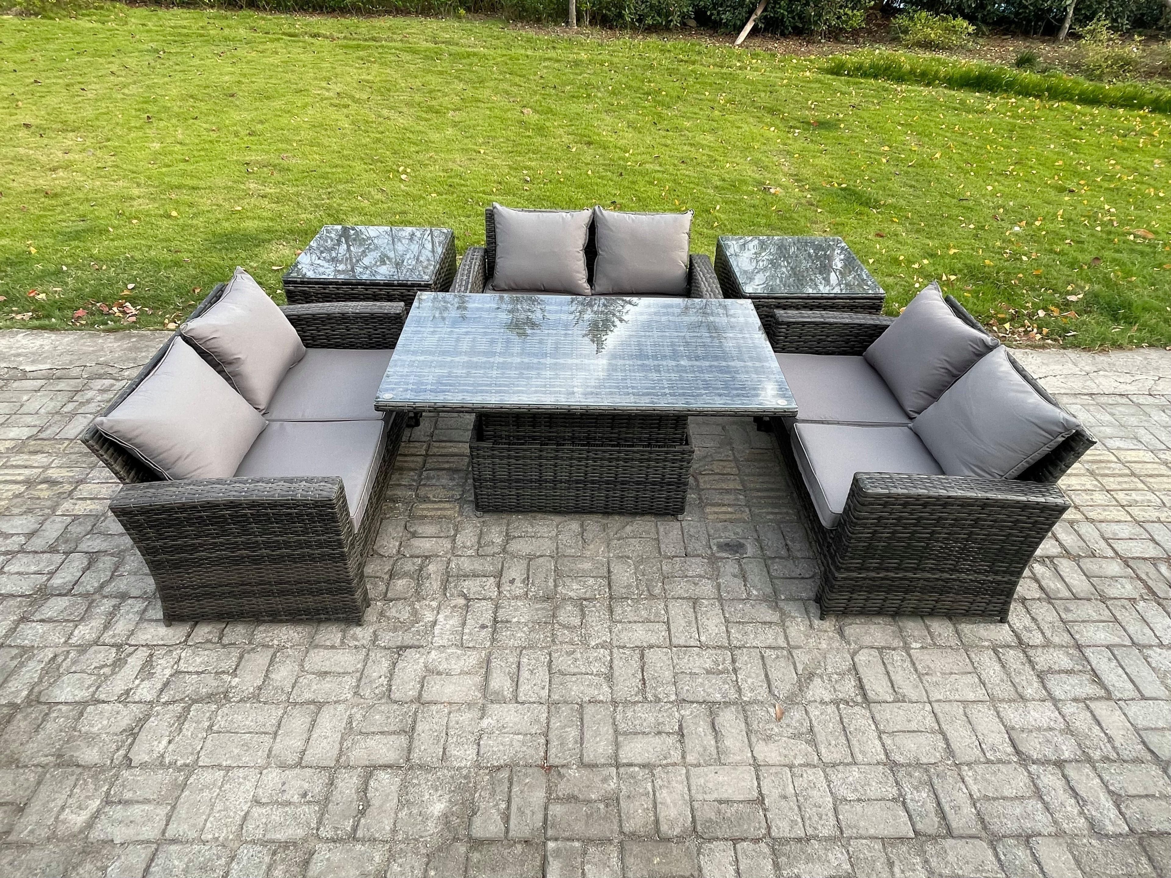 6 pieces Outdoor Lounge Sofa Set Wicker PE Rattan Garden Furniture Set Rising Lifting Table Double Seat Sofa 2 Side Tables