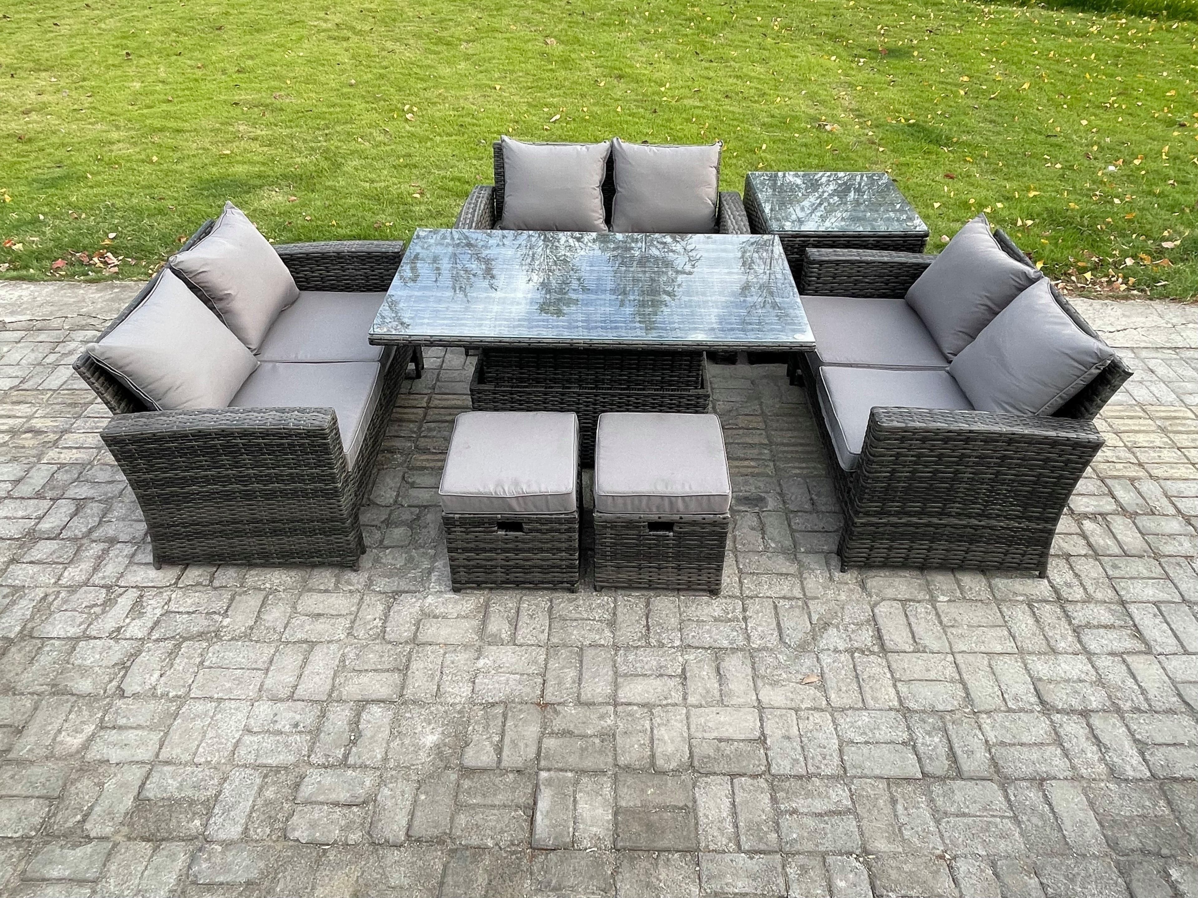 7 pieces Outdoor Lounge Sofa Set Wicker PE Rattan Garden Furniture Set Rising Lifting Table Double Seat Sofa Side Table