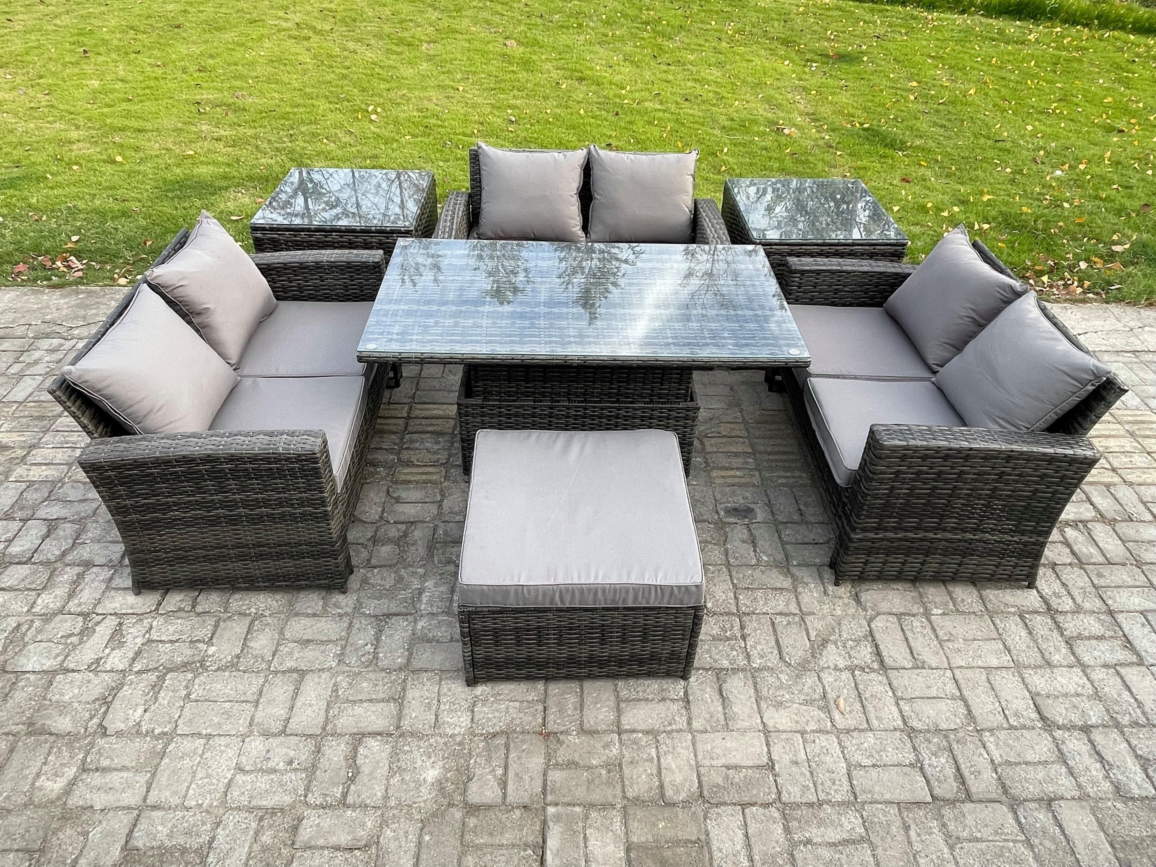 7 pieces Outdoor Lounge Sofa Set Wicker PE Rattan Garden Furniture Set Rising Lifting Table Double Seat Sofa