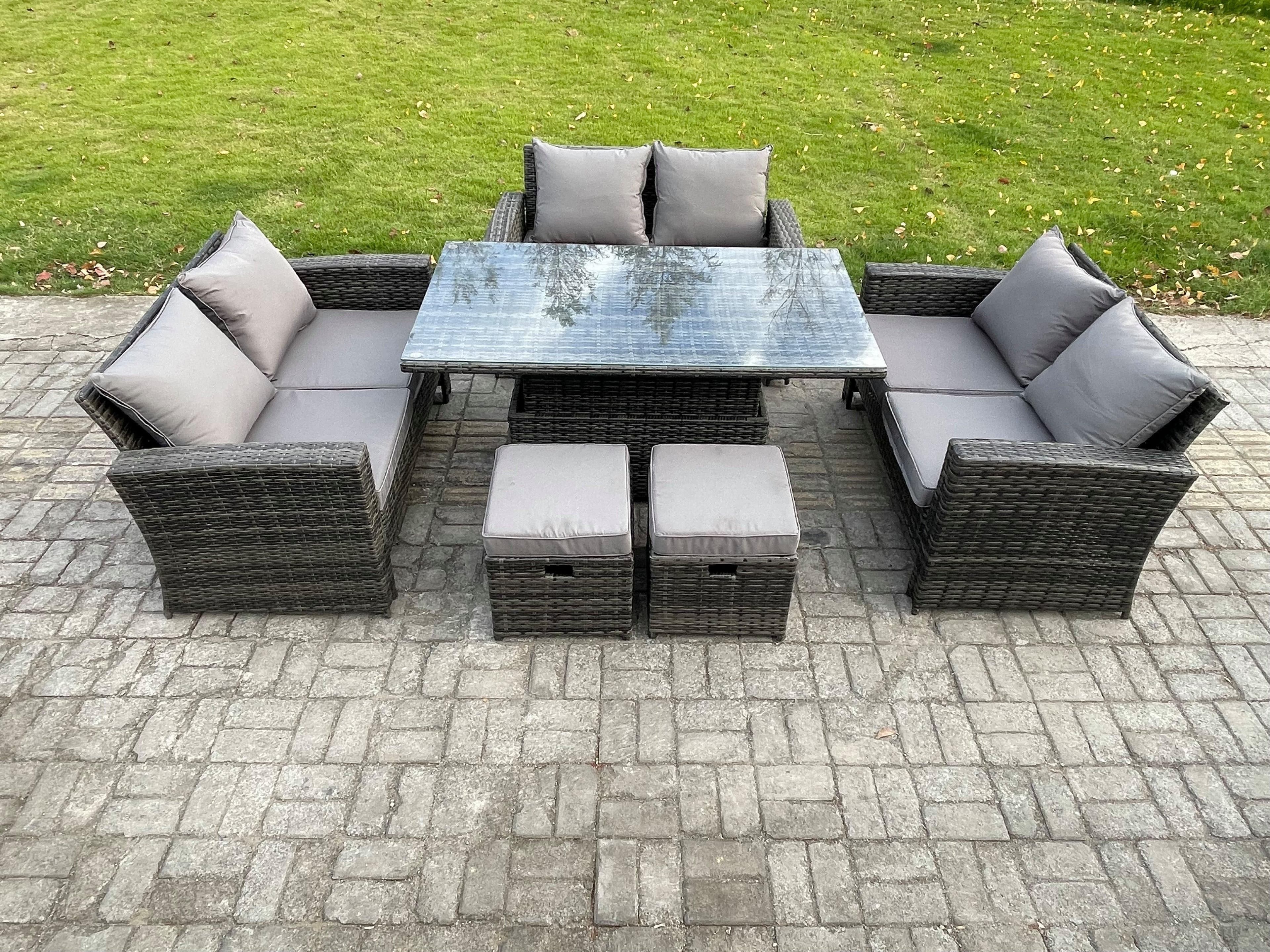 Wicker PE Rattan Garden Furniture Set Height Adjustable Rising Lifting Table Sofa Dining Set Double Seat Sofa