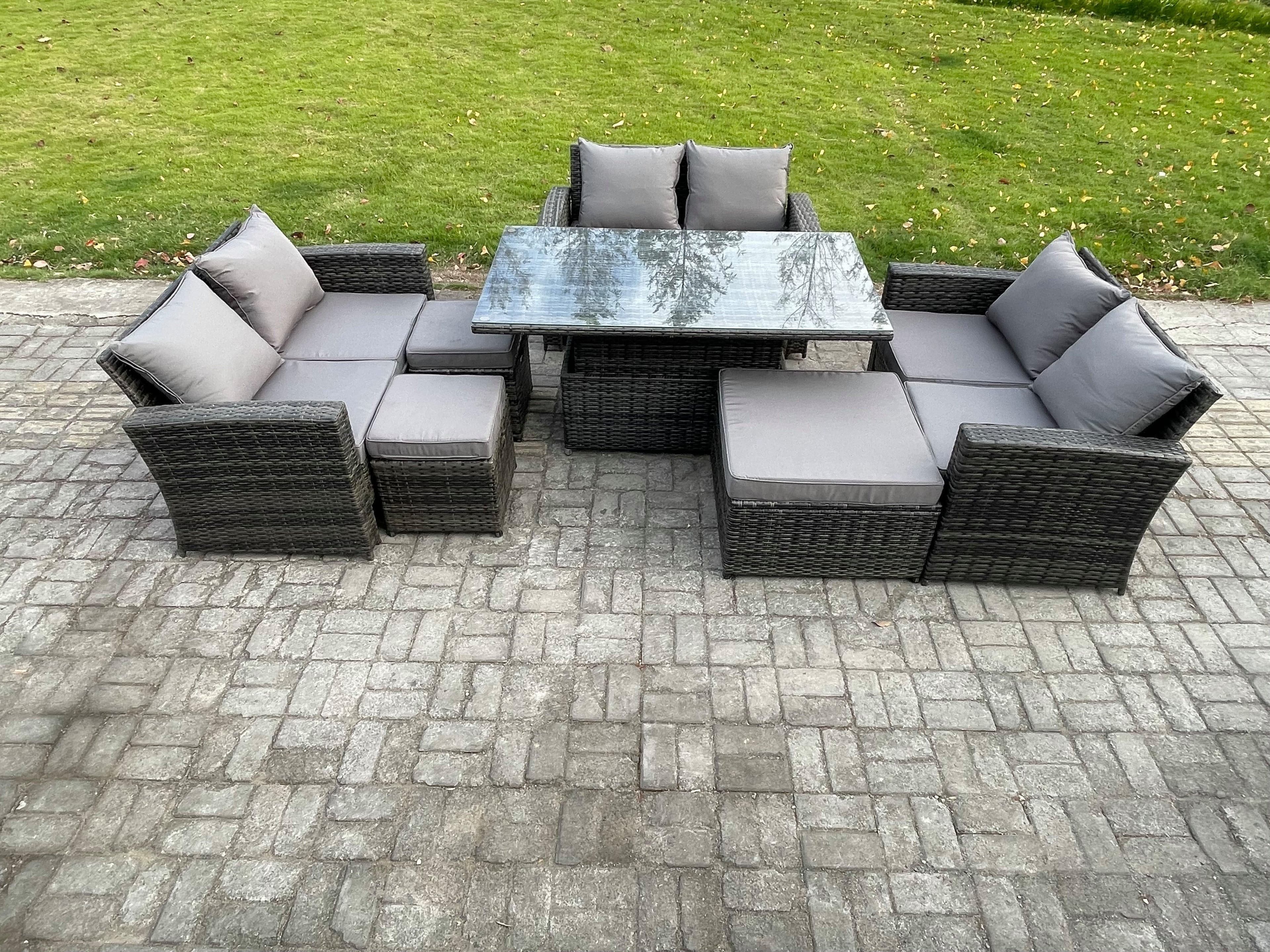 Wicker PE Rattan Garden Furniture Set Height Adjustable Rising Lifting Table Sofa Dining Set 3 Footstools