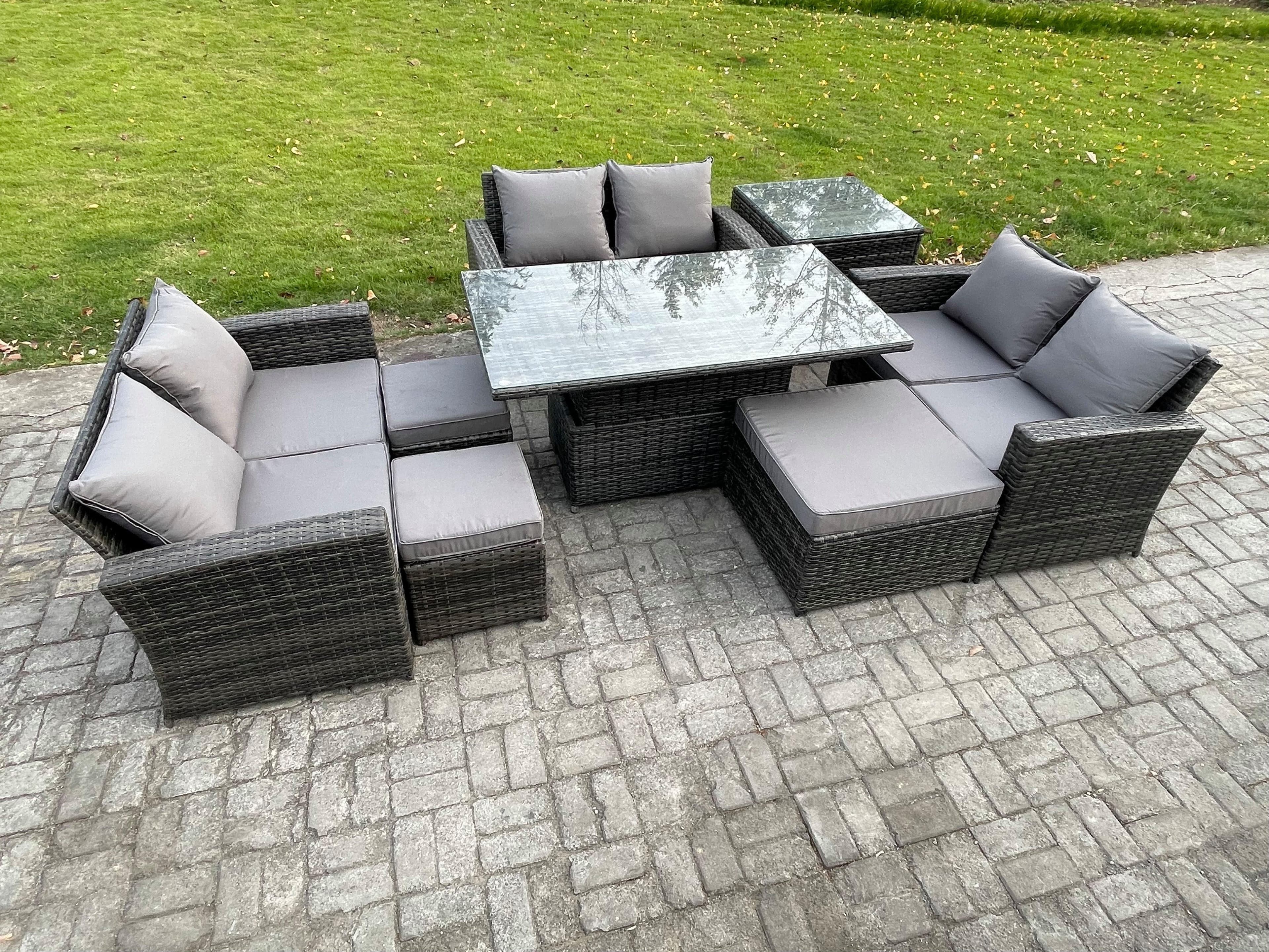 Wicker PE Rattan Garden Furniture Set Height Adjustable Rising Lifting Table Sofa Dining Set Side Table