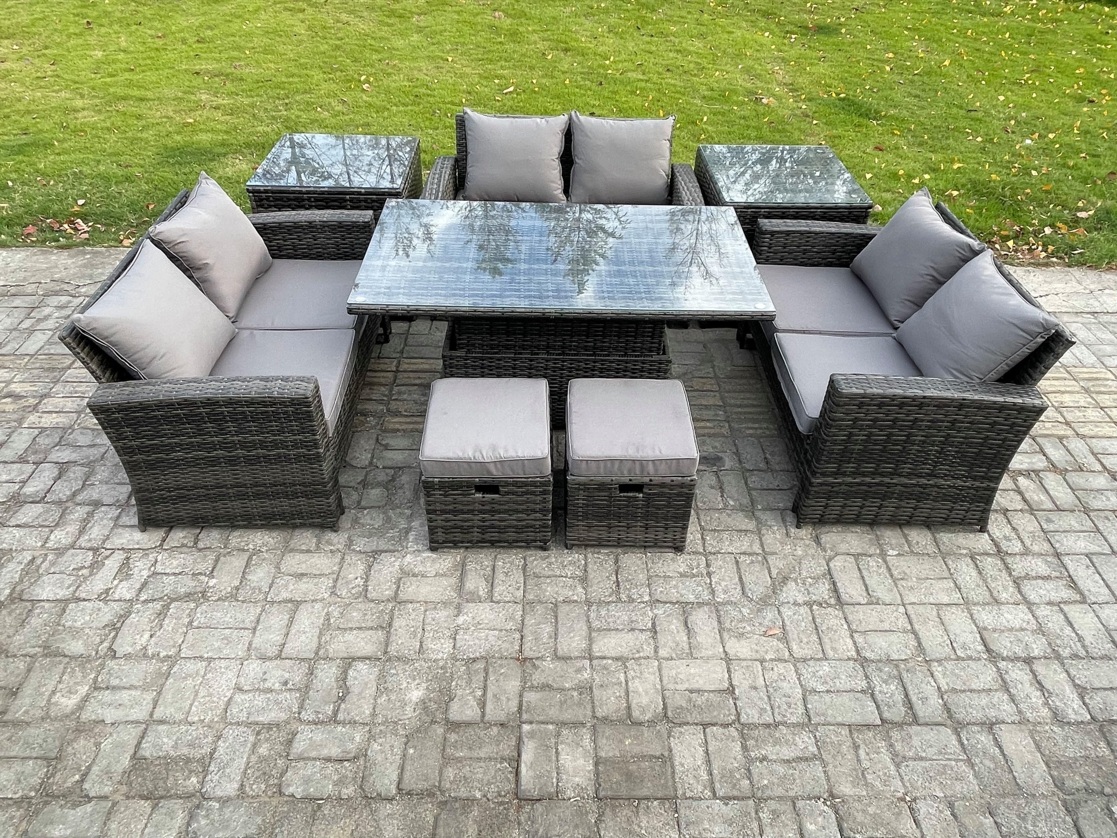 Wicker PE Rattan Garden Furniture Set Height Adjustable Rising Lifting Table Sofa Dining Set Double Seat Sofa