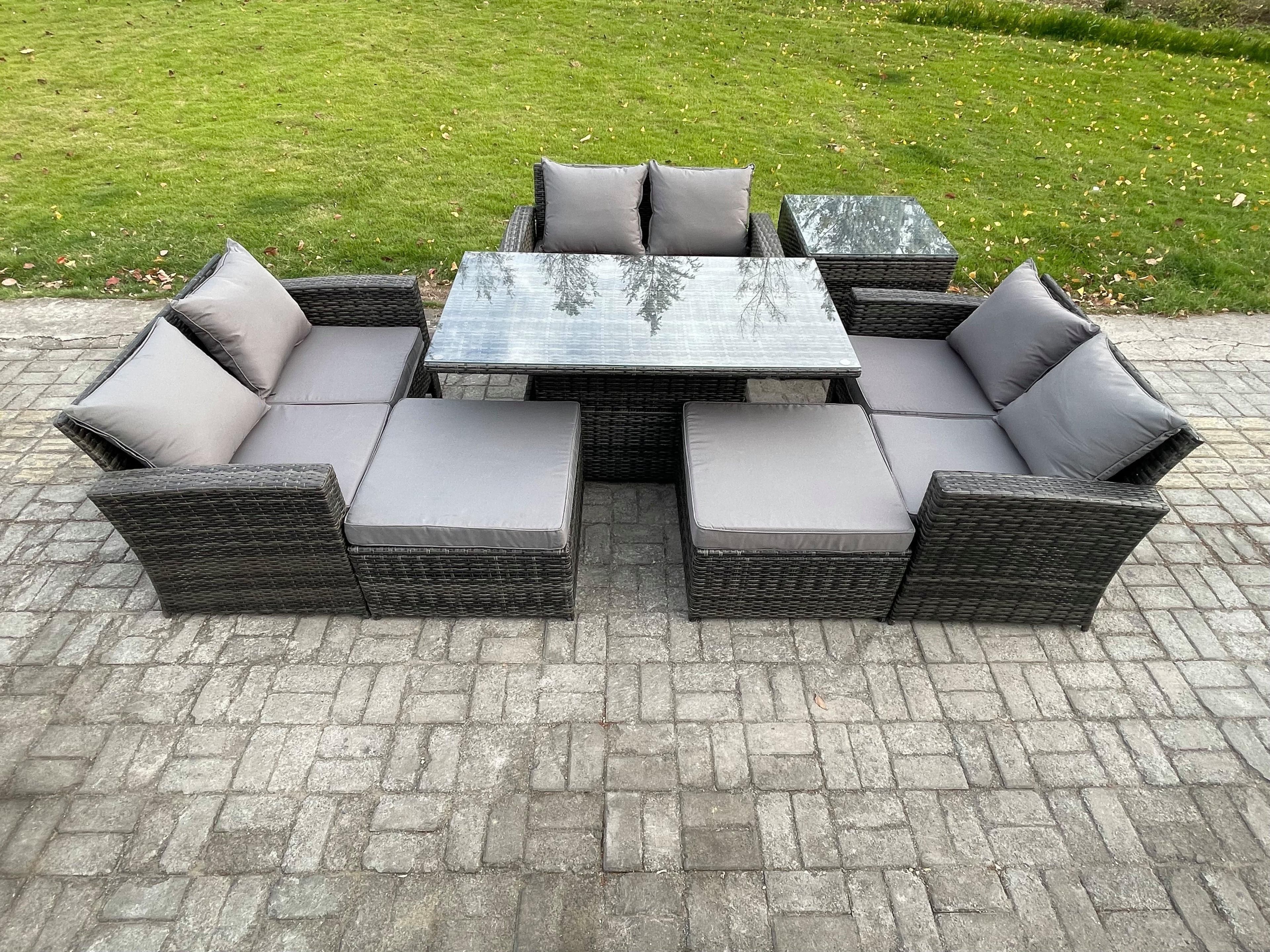 Wicker PE Rattan Garden Furniture Set Height Adjustable Rising Lifting Table Sofa Dining Set 2 Big Footstool