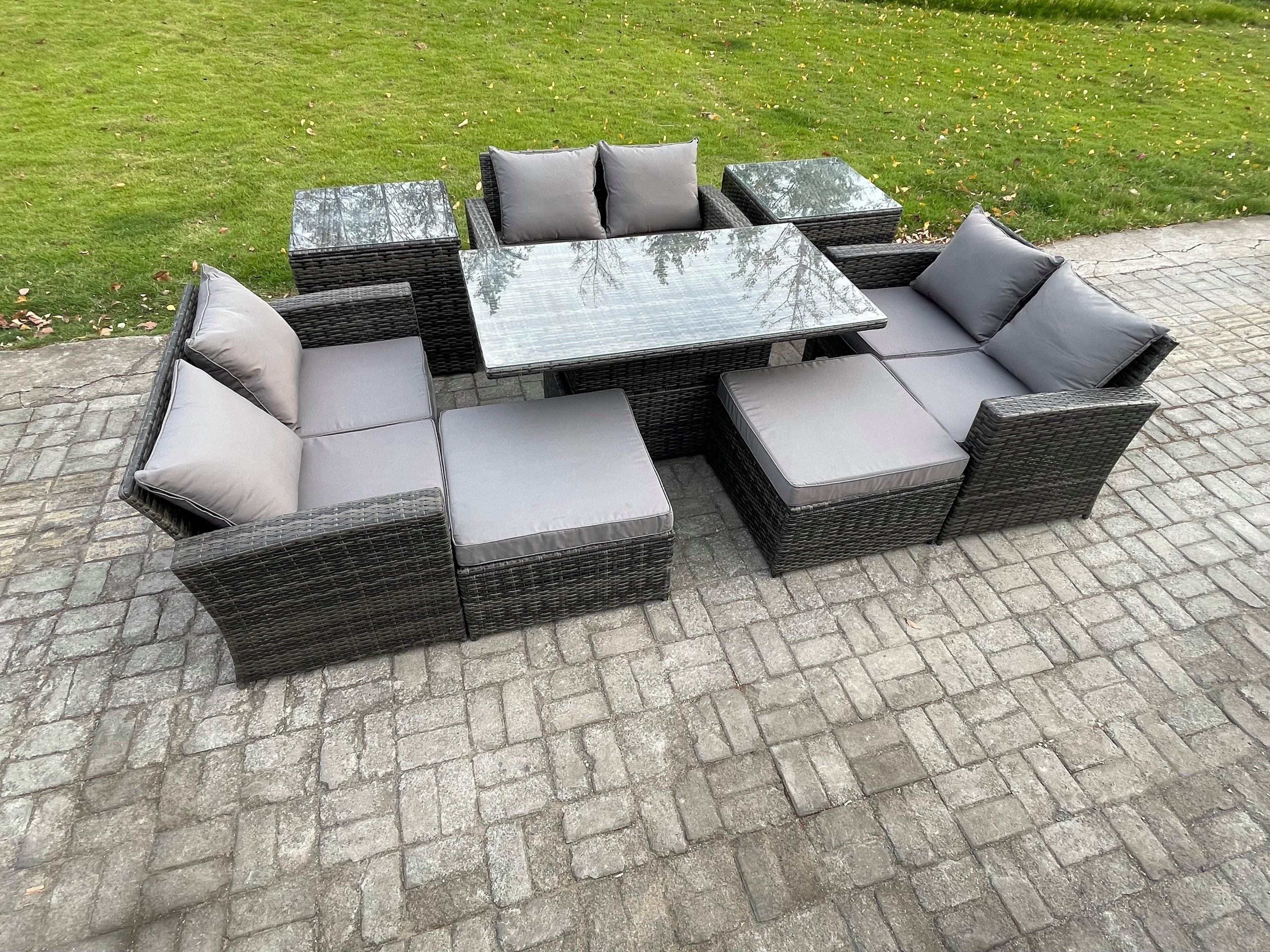 Wicker Rattan Garden Furniture Set Height Adjustable Rising Lifting Table Sofa Dining Set Double Seat Sofa