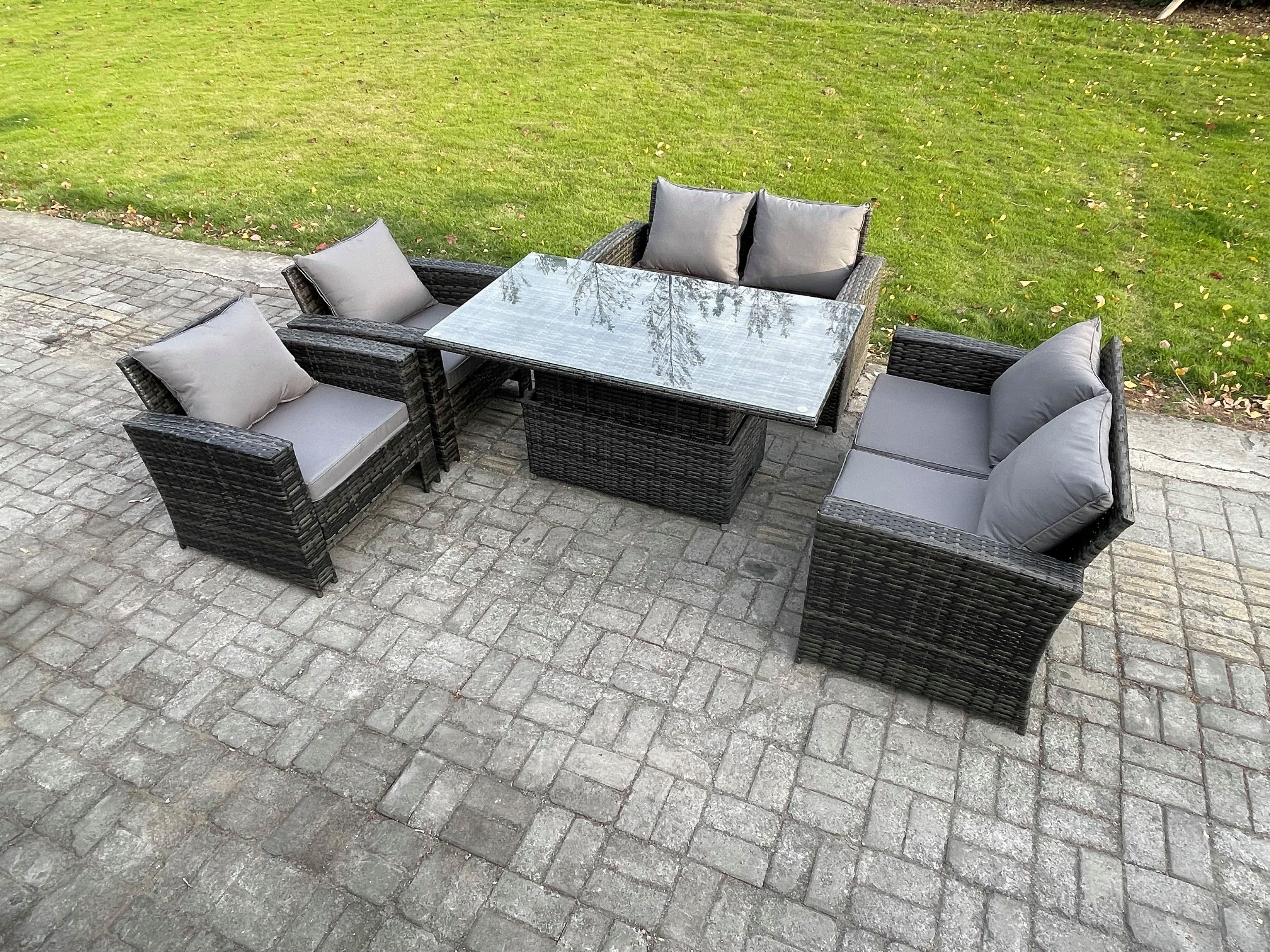 Rattan Garden Furniture Sets 6 Seater Patio Outdoor Rising Lifting Table Sofa Set Double Seat Sofa Dark Grey Mixed