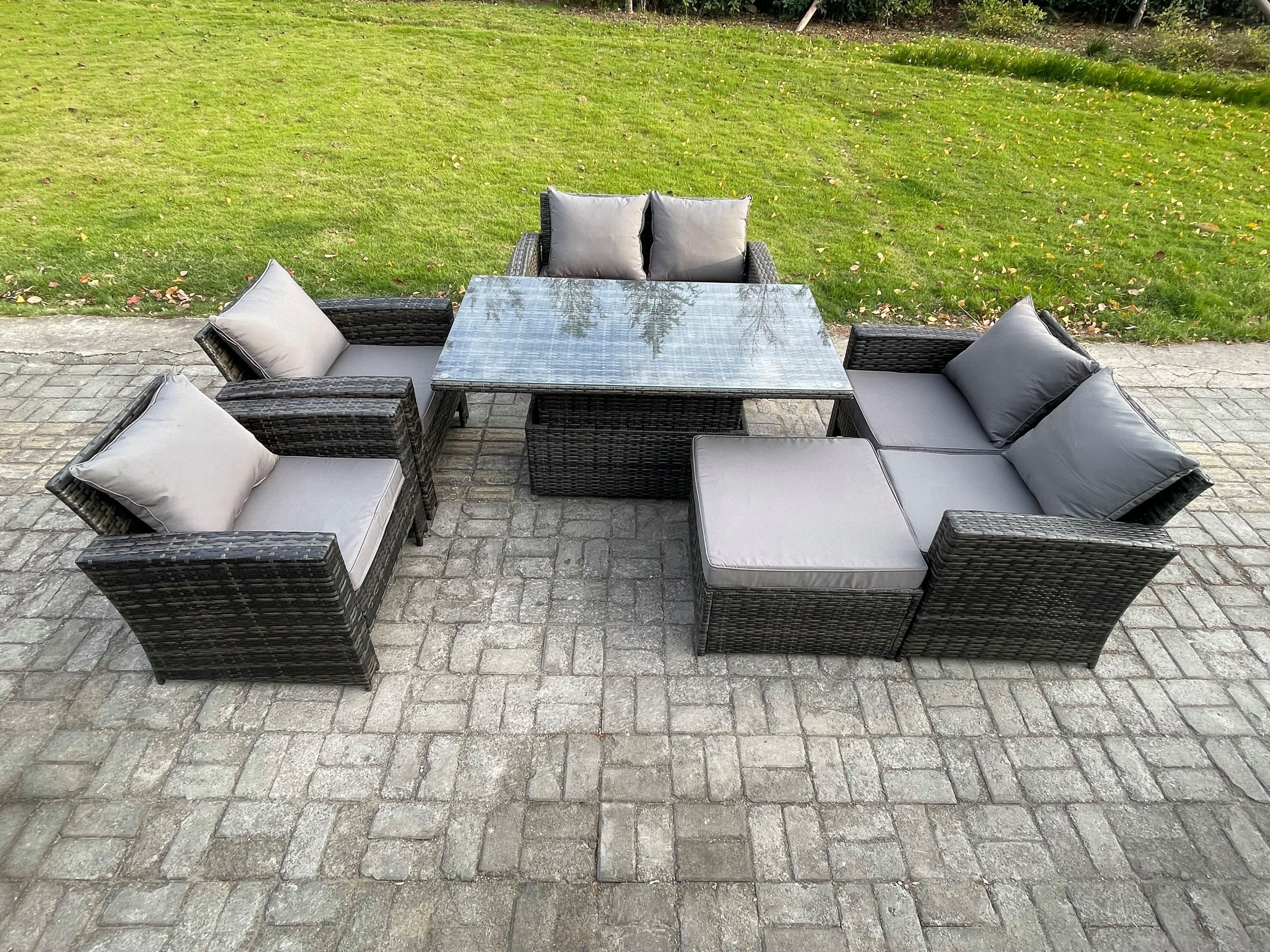 Rattan Garden Furniture Sets 7 Seater Patio Outdoor Rising Lifting Table Sofa Set Double Seat Sofa Big Footstool