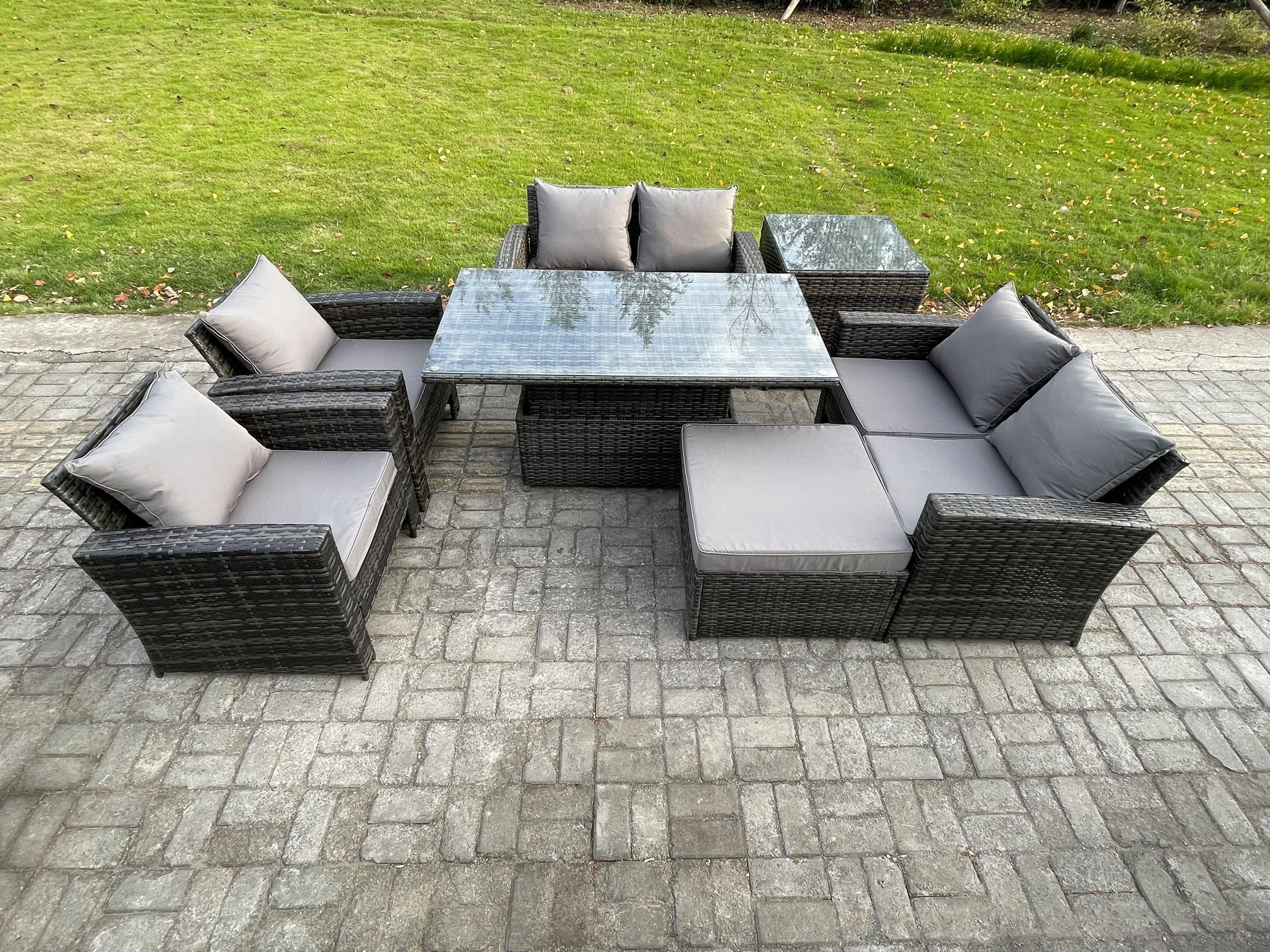Rattan Garden Furniture Sets 7 Seater Patio Outdoor Rising Lifting Table Sofa Set Double Seat Sofa Side Table