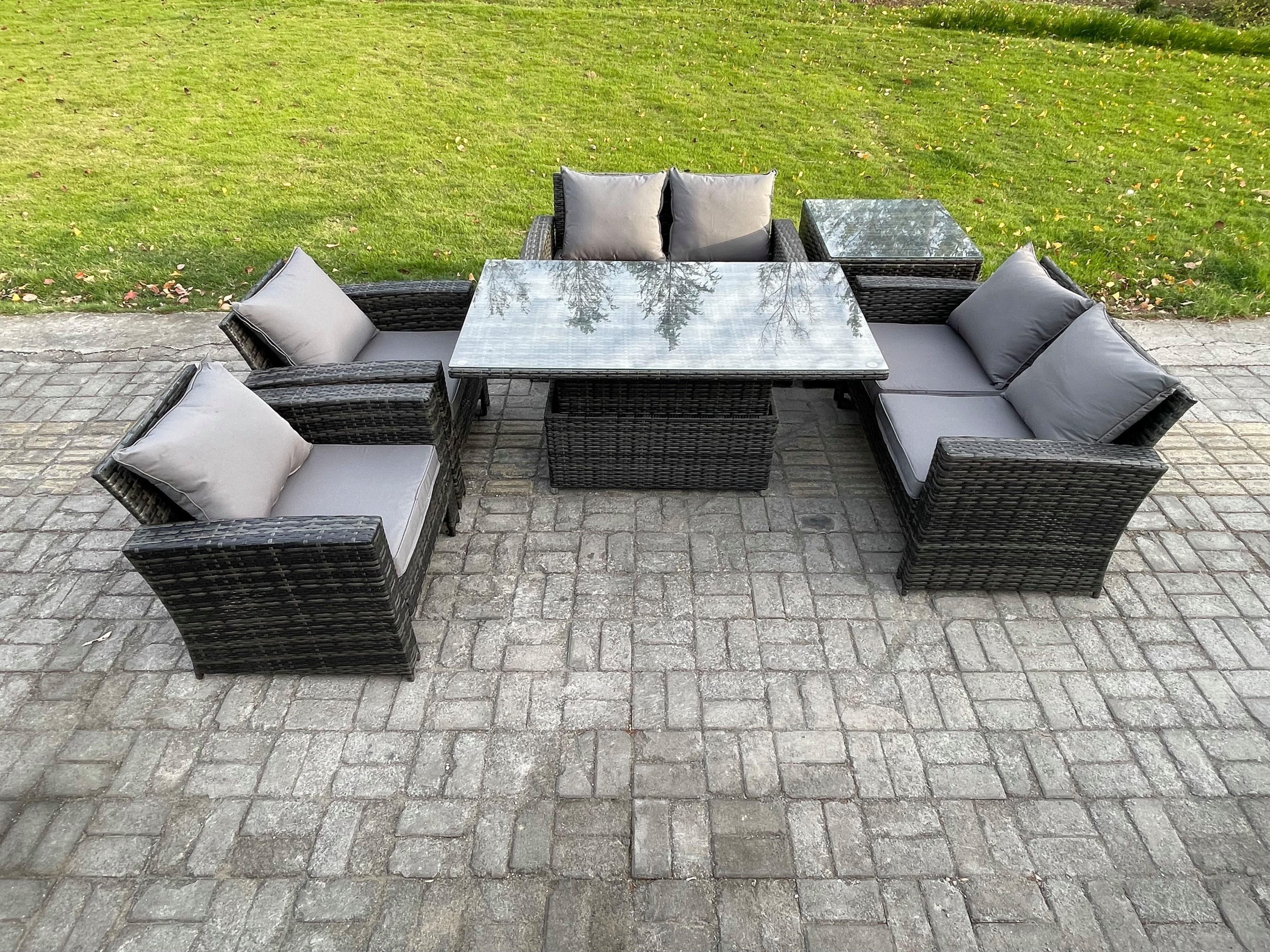 Rattan Garden Furniture Sets 6 Seater Patio Outdoor Rising Lifting Table Sofa Set Double Seat Sofa Side Table