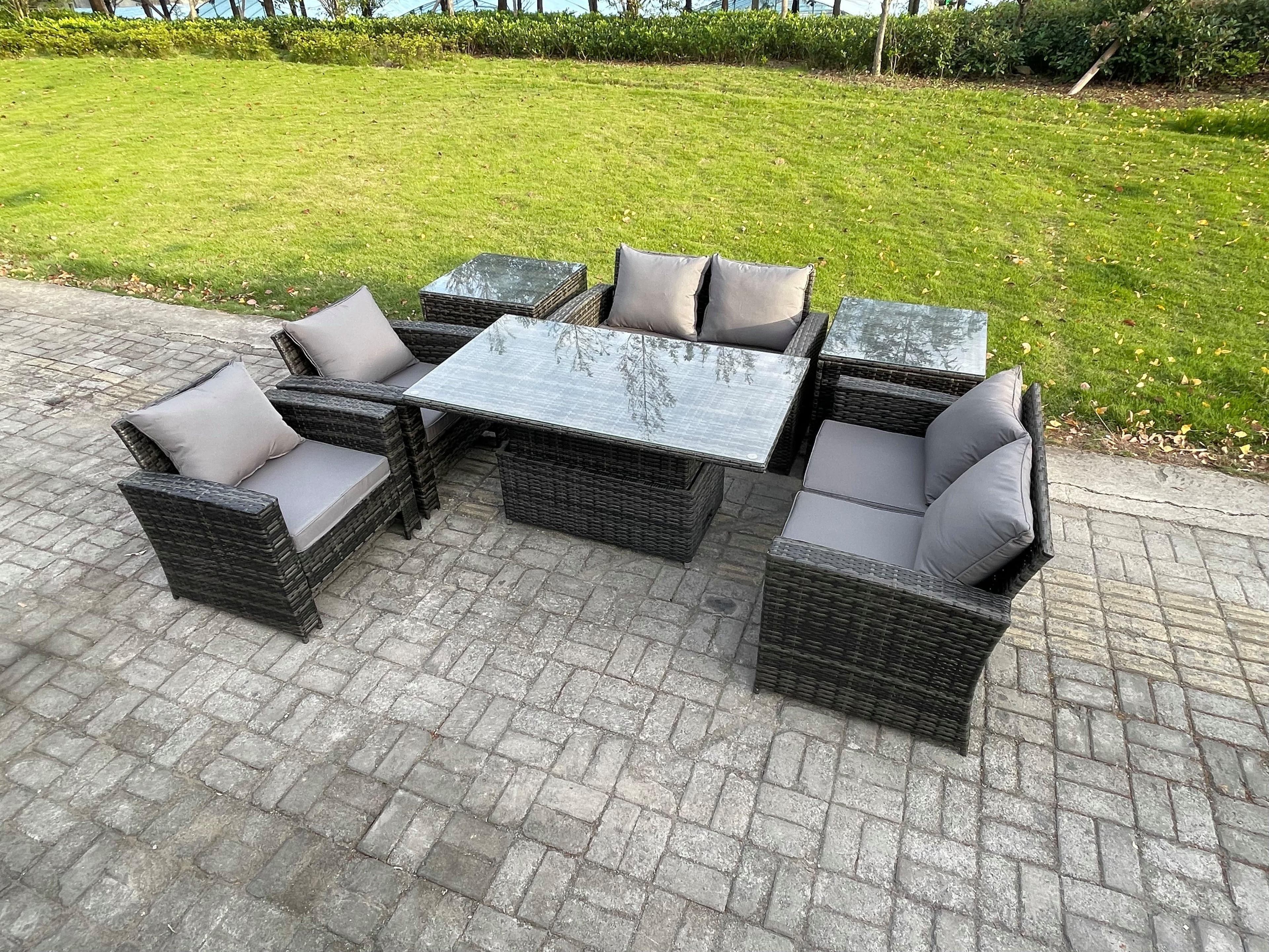 Rattan Garden Furniture Sets Patio Outdoor Rising Lifting Table Sofa Set Double Seat Sofa 2 Side Tables Dark Grey