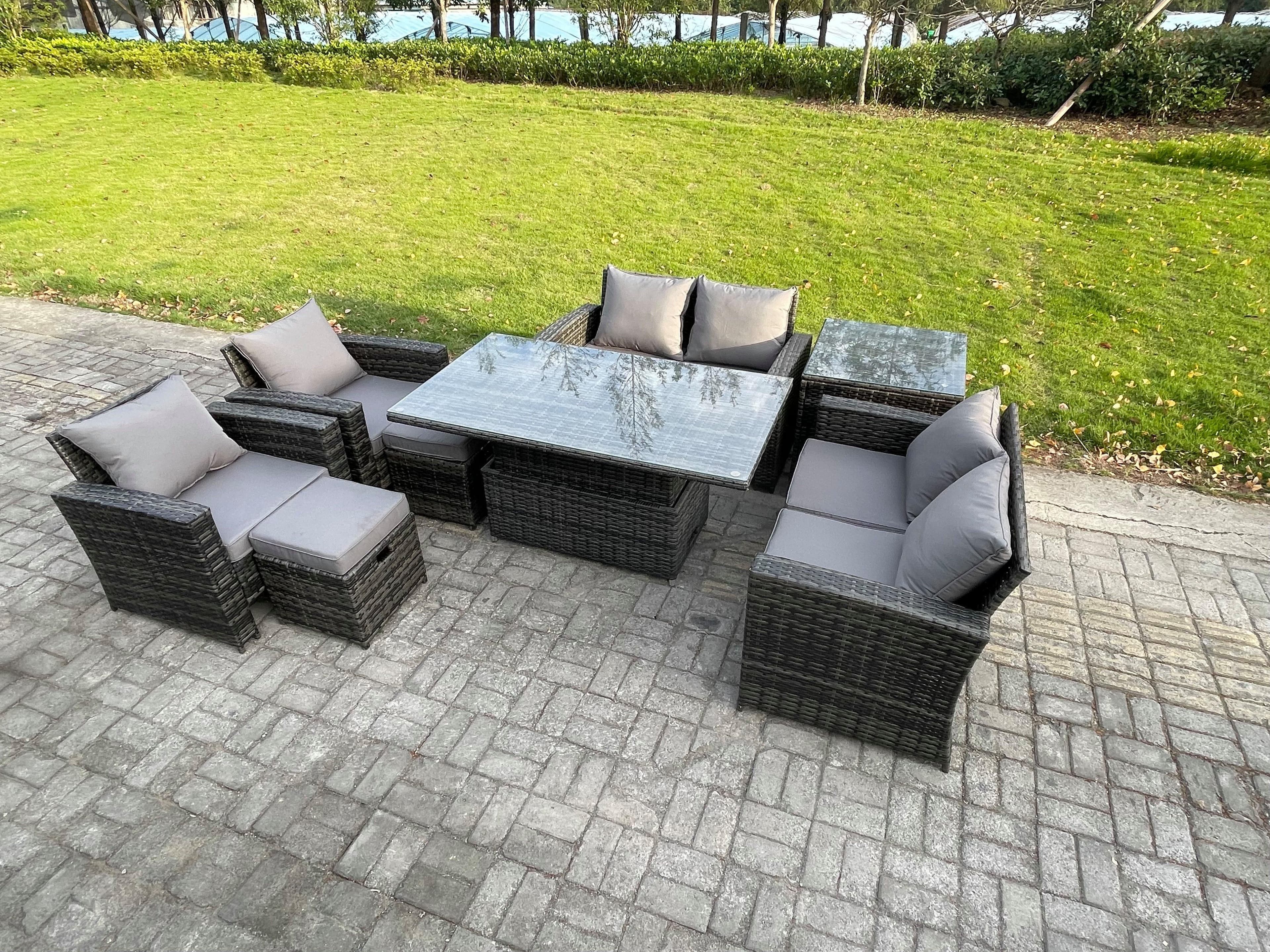 Rattan Garden Furniture Sets 8 Seater Patio Outdoor Rising Lifting Table Sofa Set Double Seat Sofa Side Table