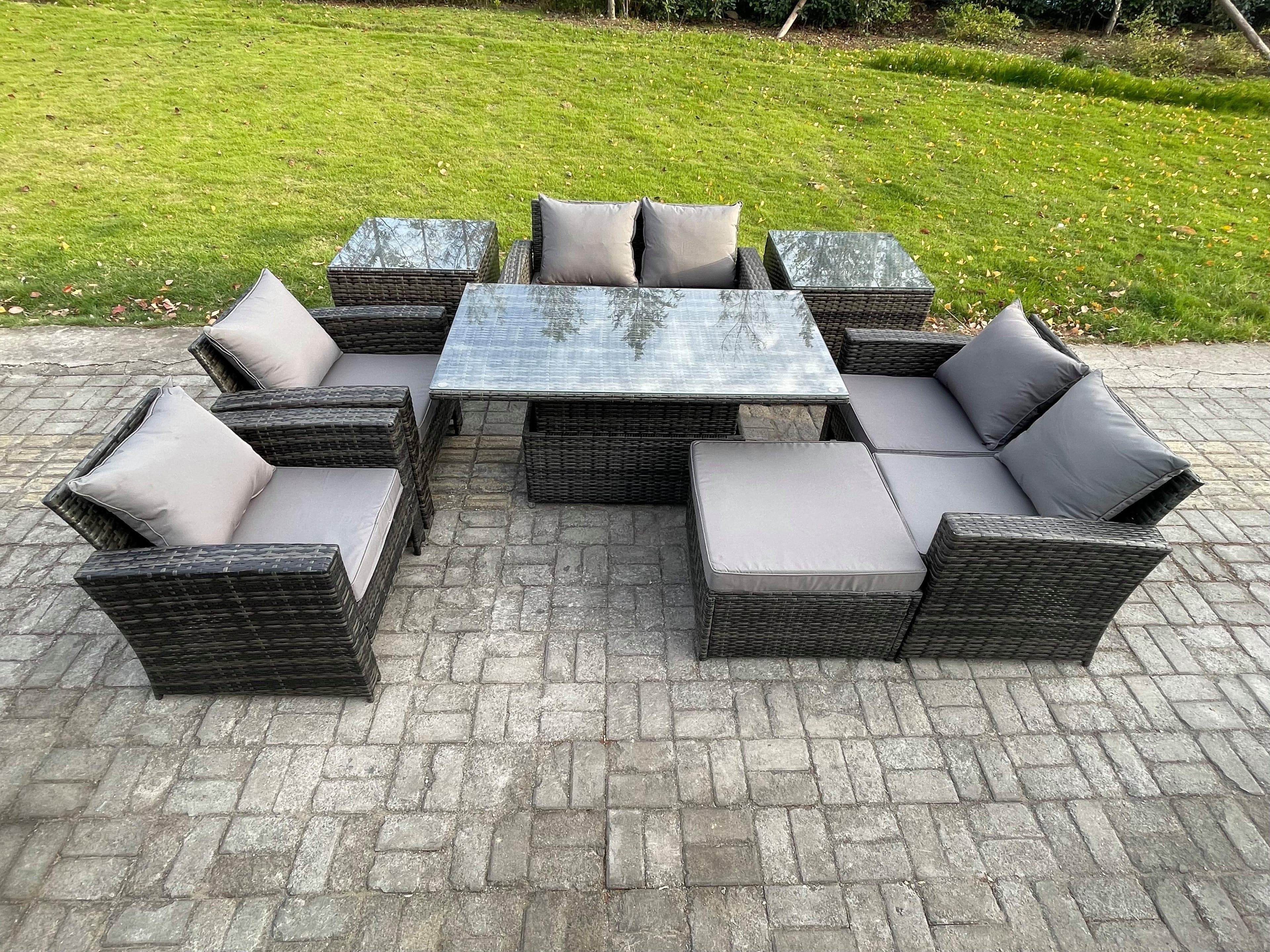 Rattan Garden Furniture Sets Patio Outdoor Rising Lifting Table Sofa Set Double Seat Sofa 2 Side Tables Big Footstool