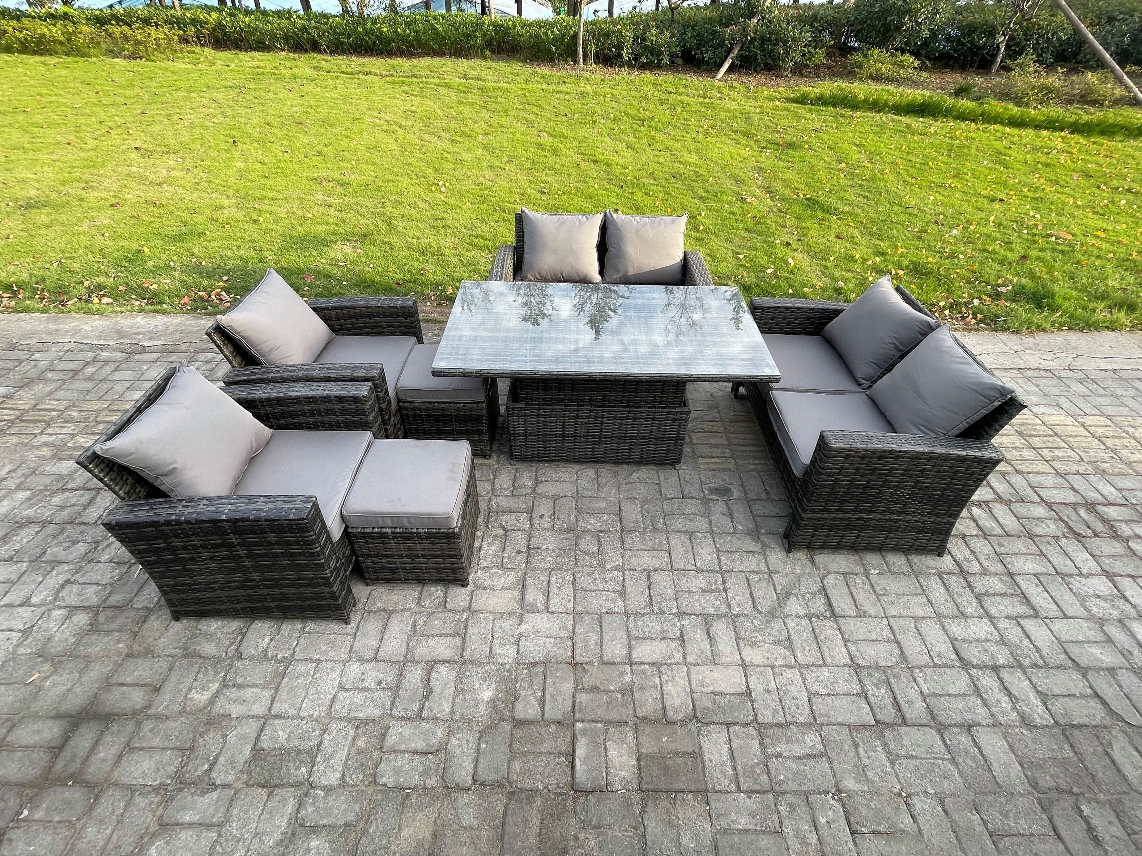 Rattan Garden Furniture Sets Patio Outdoor Rising Lifting Table Sofa Set Double Seat Sofa 2 Small Footstools